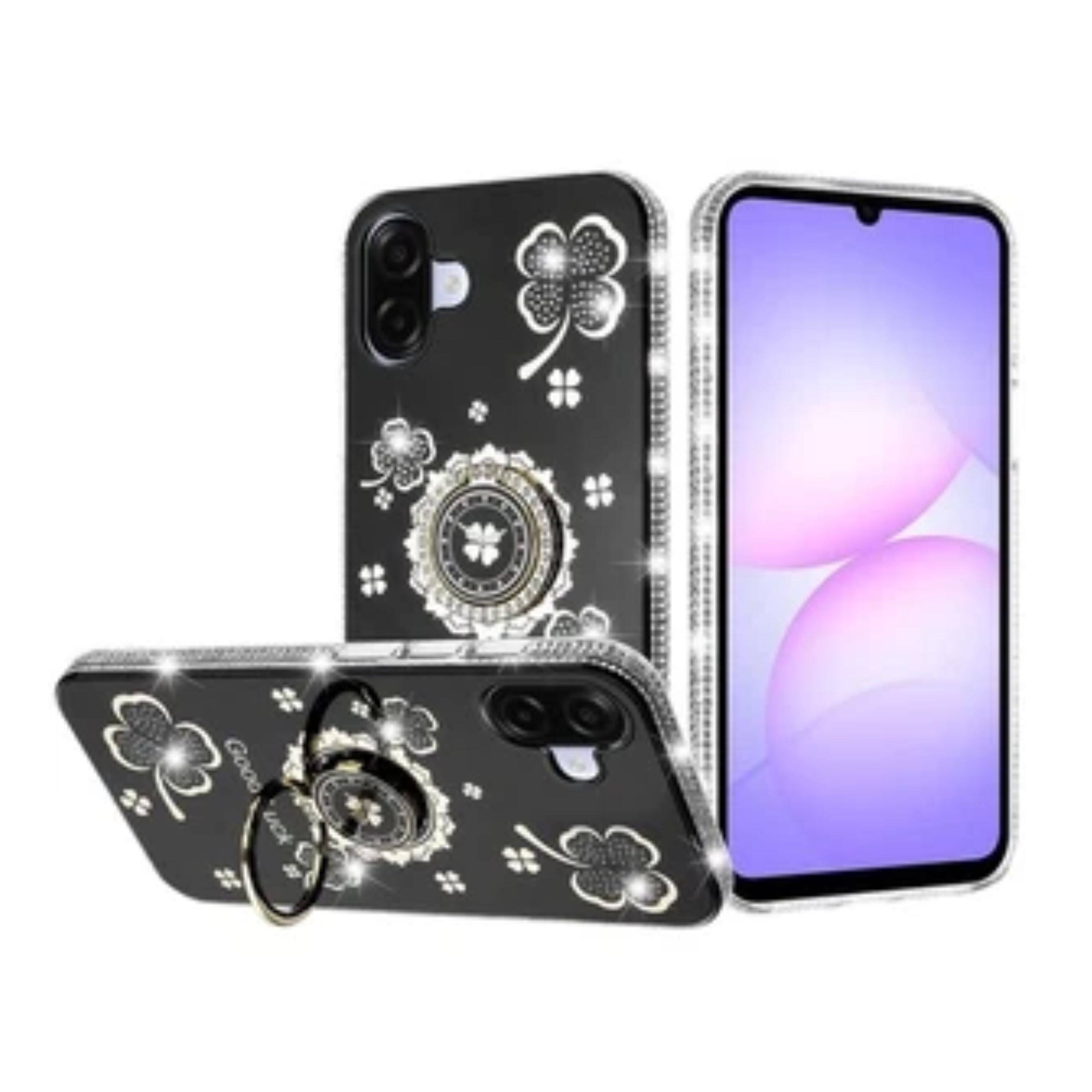 Angle. Kitcheniva - Crystal Studded Phone Case With Ring Stand Tempered Glass For Samsung Galaxy A07 Black - Black.