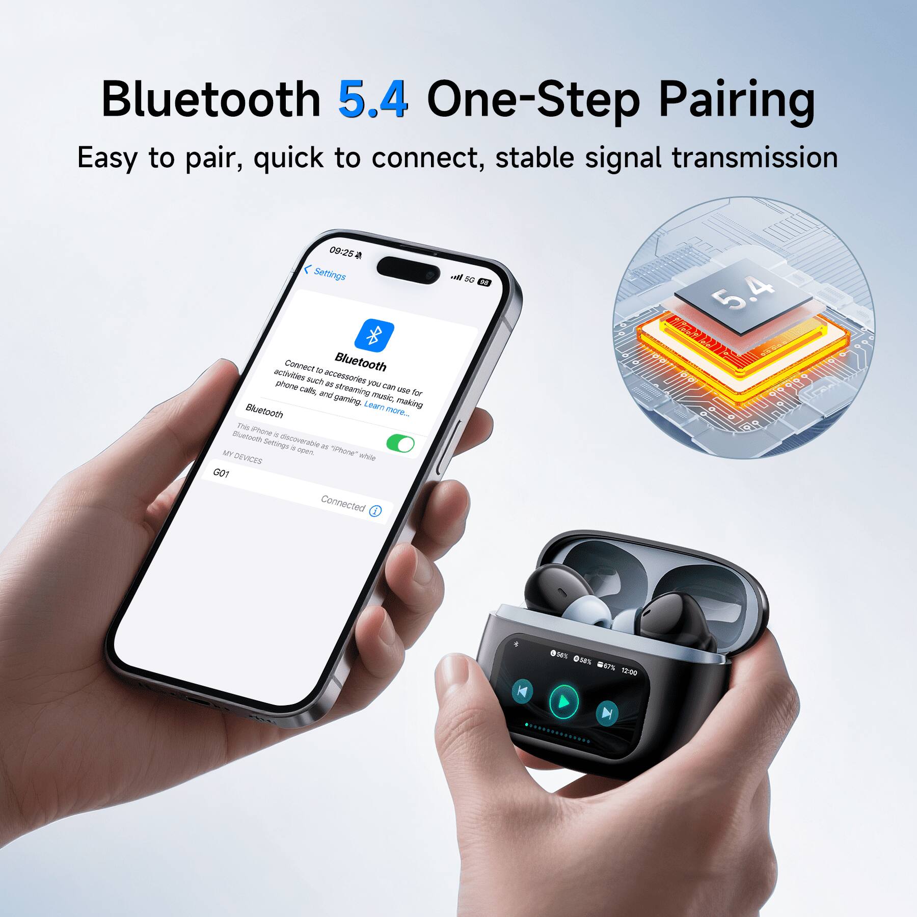 Bluetooth 5.4 One-Step Pairing  
Easy to pair, quick to connect, stable signal transmission  

09:25 AM  
Settings  
Bluetooth  
Connect to accessories you can use for phone calls, gaming, streaming music, and making this iPhone Bluetooth discoverable is "Phone" MY DEVICES open.  
G01  
Connected  

5G  
5.4  
0.50% 0.58% 47% 12:00
