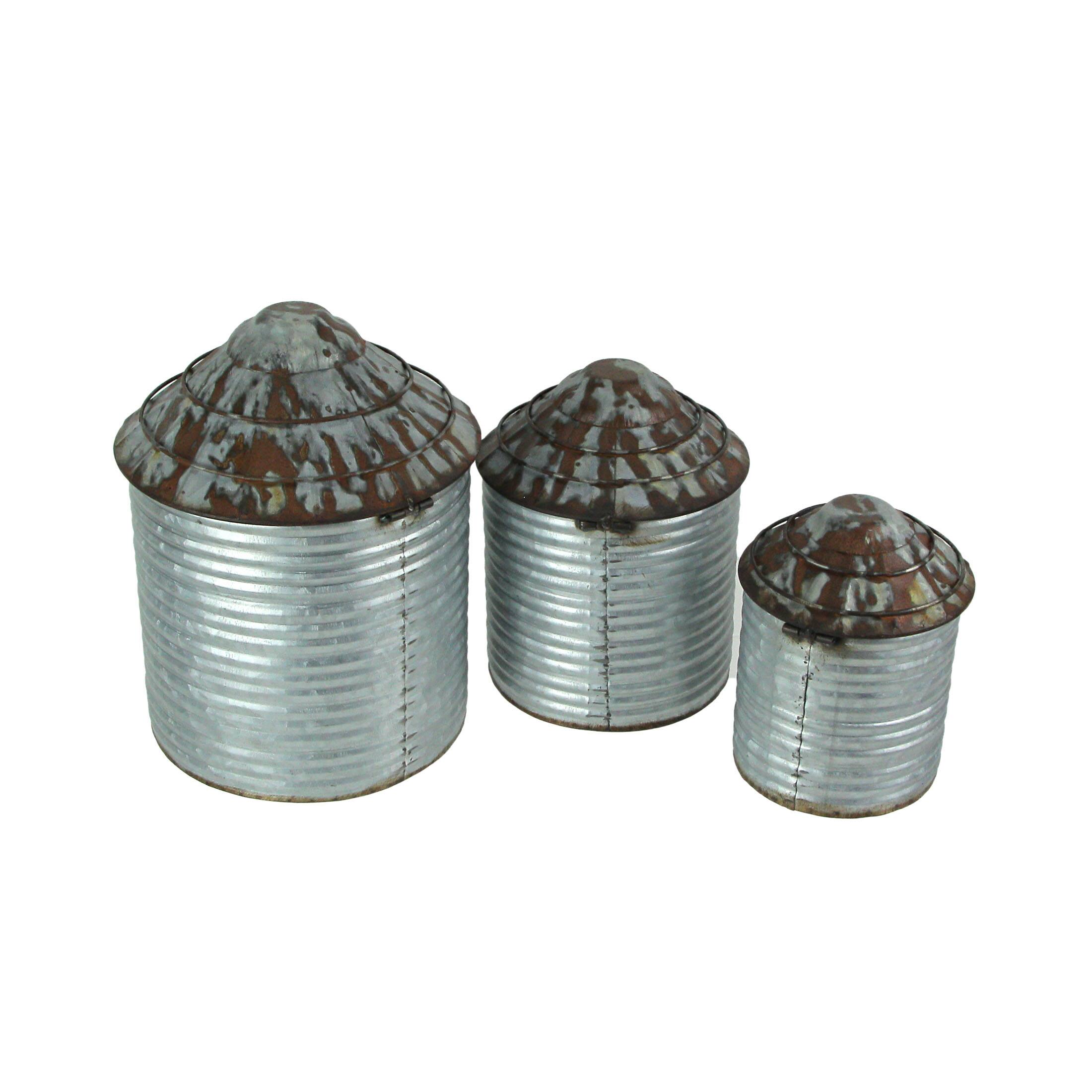 Alt View 2. Zeckos - Vintage Farmhouse Style Galvanized Zinc Finish Tin Silo Canister Set of 3 - Grey.