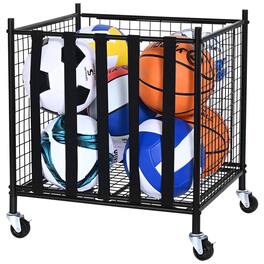 VEVOR - Rolling Sports Ball Storage Cart, Lockable Basketball Cage with Elastic Straps, Sport Equipment Holder Organizer - Black