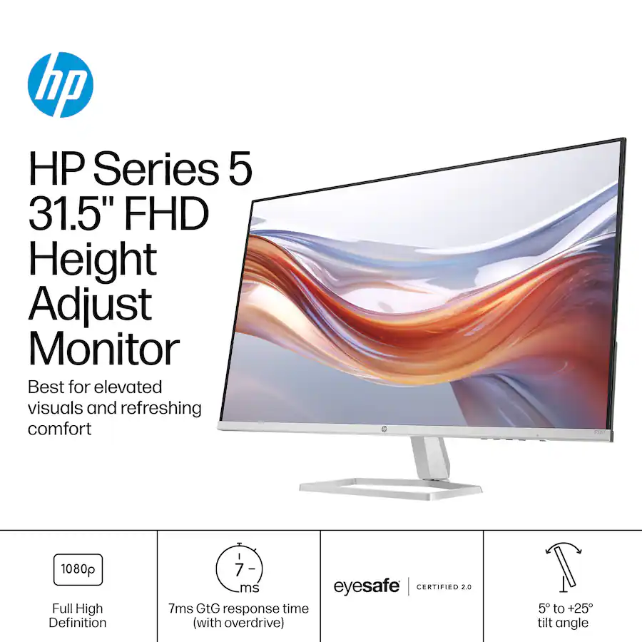 HP Series 5 31.5" FHD Height Adjust Monitor: Best for elevated visuals and refreshing comfort. 1080p Full High Definition. 7ms eyesafe CERTIFIED 2.0 7ms GtG response time (with overdrive). 5 to +25 tilt angle.