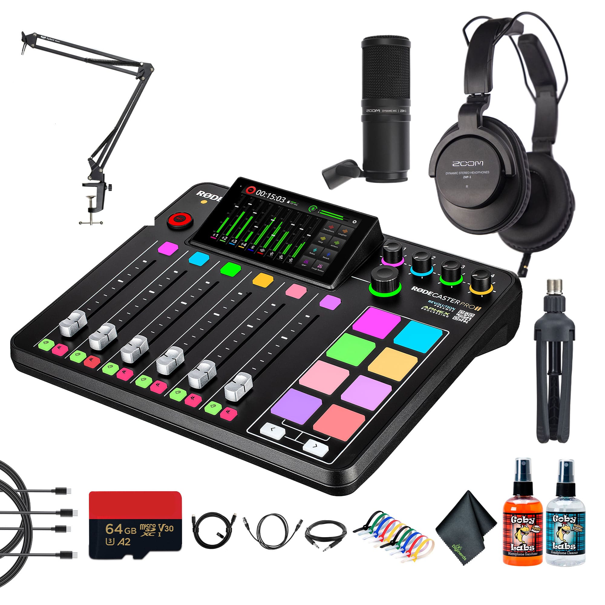 RODE - RODECaster Pro II + Headphones + Podcast Microphone + Mic Arm Stand + More (Bundle)
