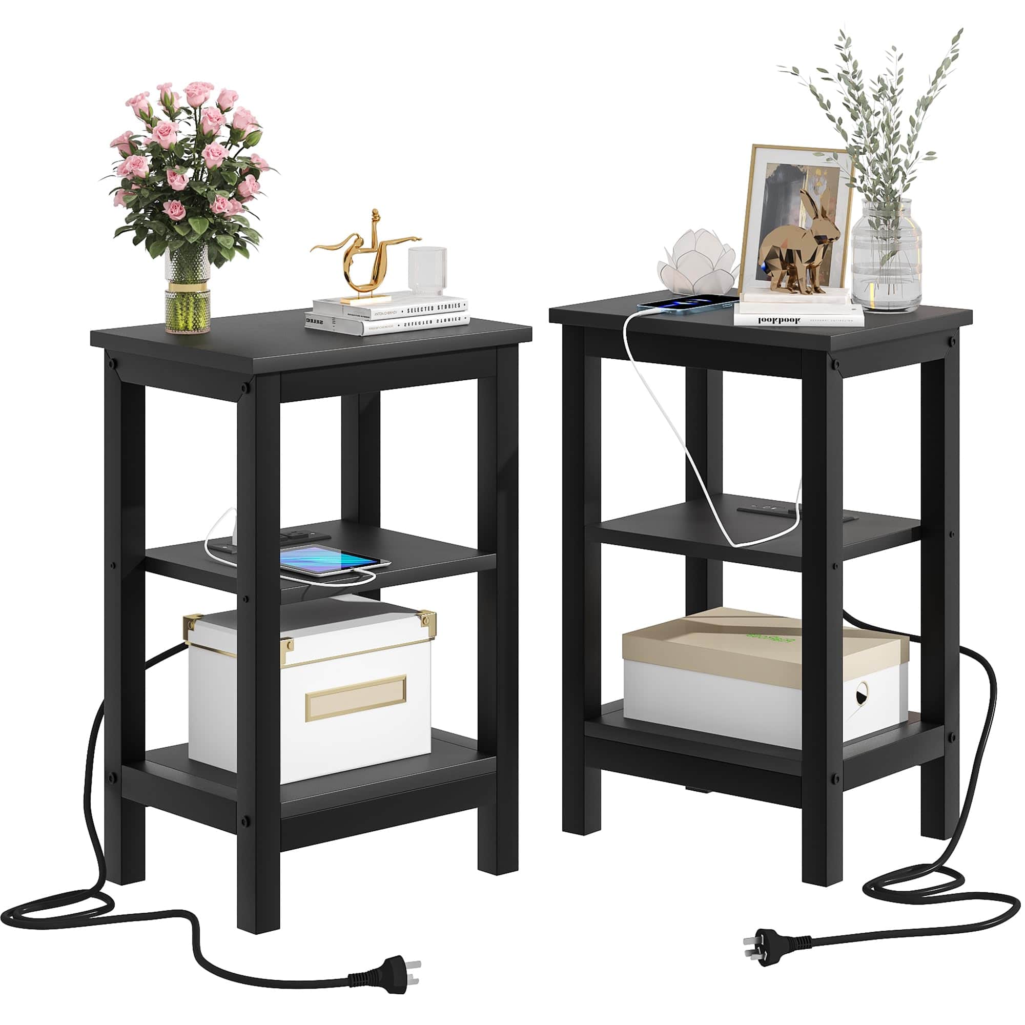 PO3TICJUNKI3 - Modern Nightstands With Charging Station Side End Table Night Stand Storage Shelf For Spaces Bedroom Living - Classic Black