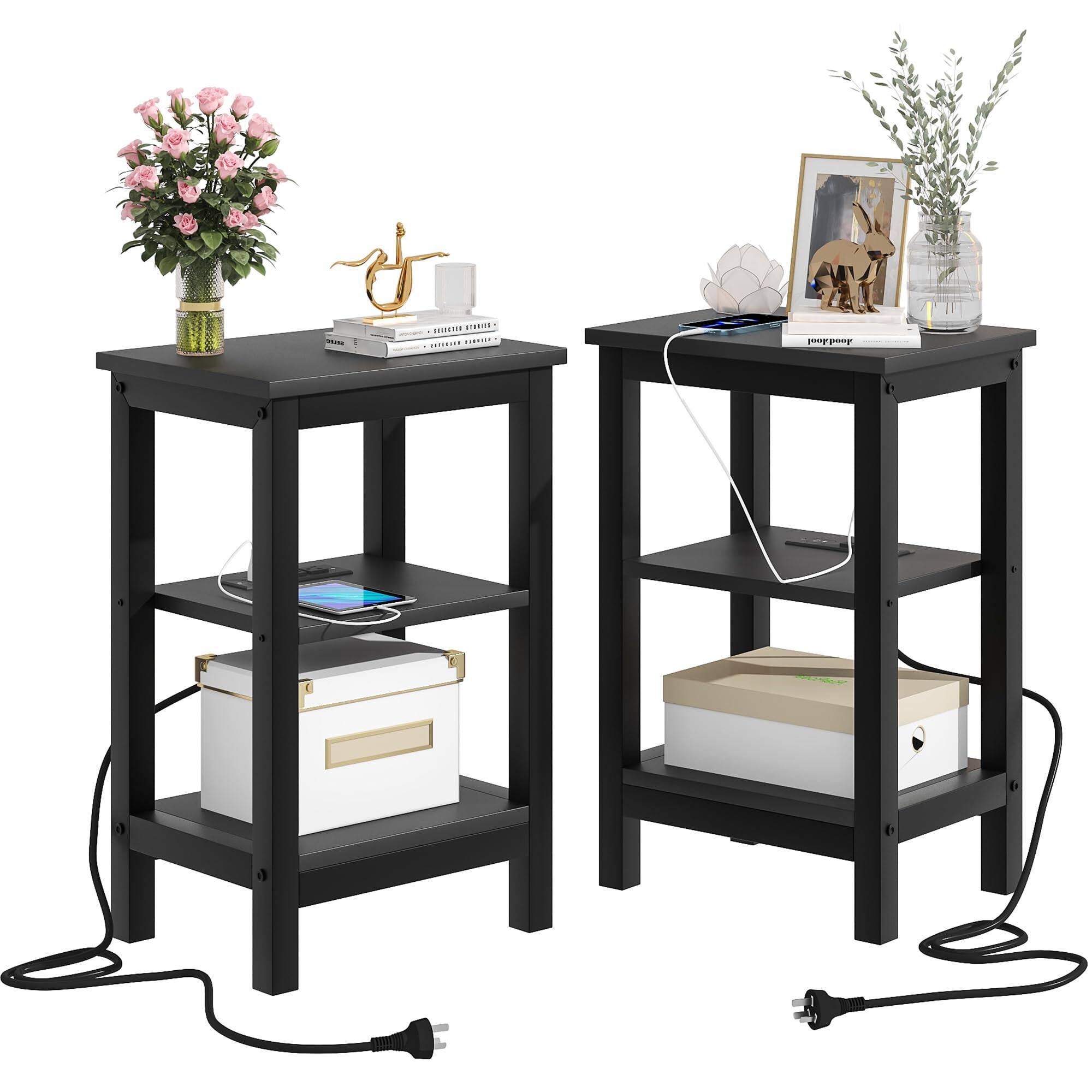 Front. PO3TICJUNKI3 - Modern Nightstands With Charging Station Side End Table Night Stand Storage Shelf For Spaces Bedroom Living... - Classic Black.