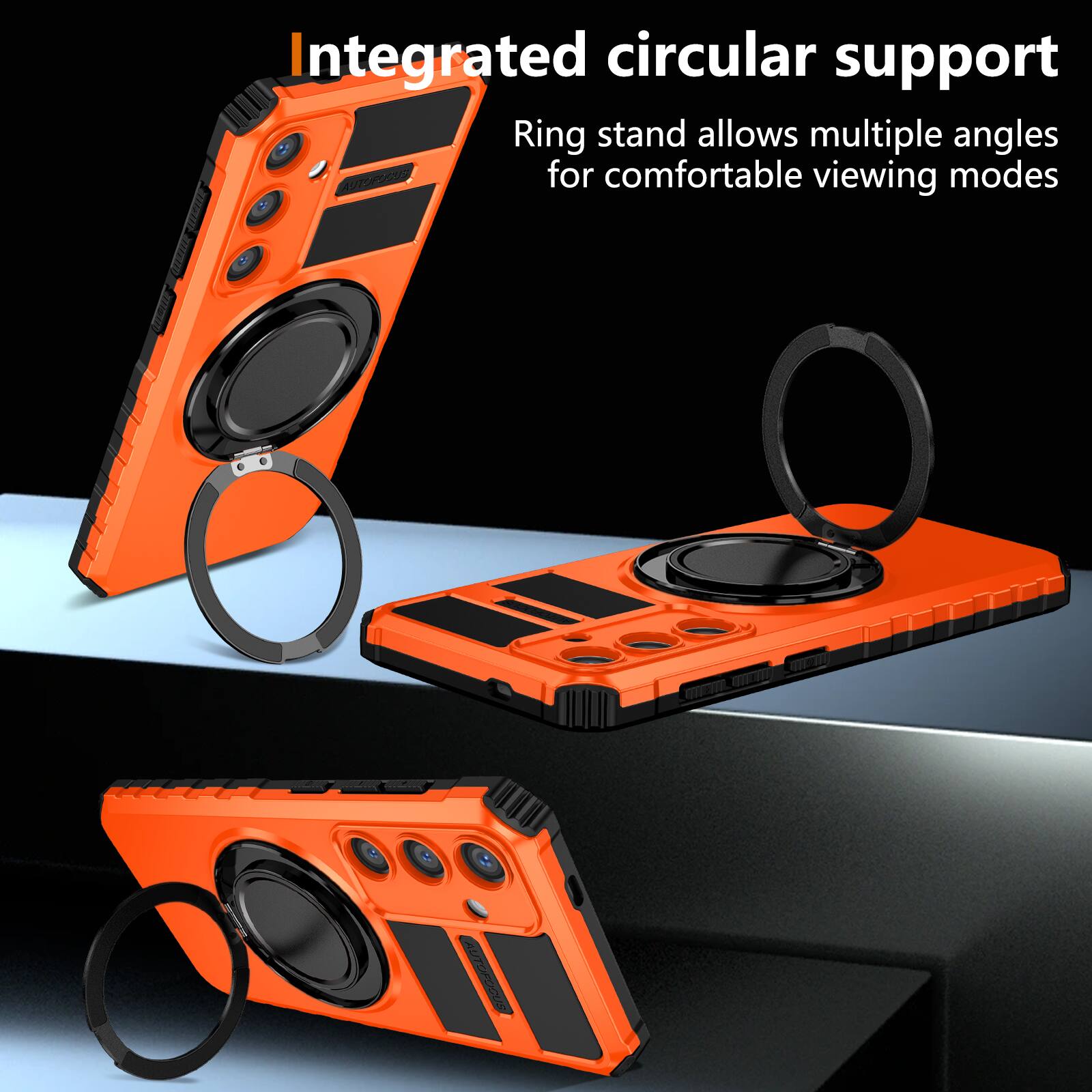 Integrated circular support  
Ring stand allows multiple angles for comfortable viewing modes