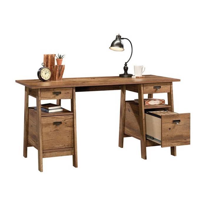 Angle. Hivvago - FarmHouse Rustic Oak Executive Desk w/ Filing Cabinets Storage - Brown.