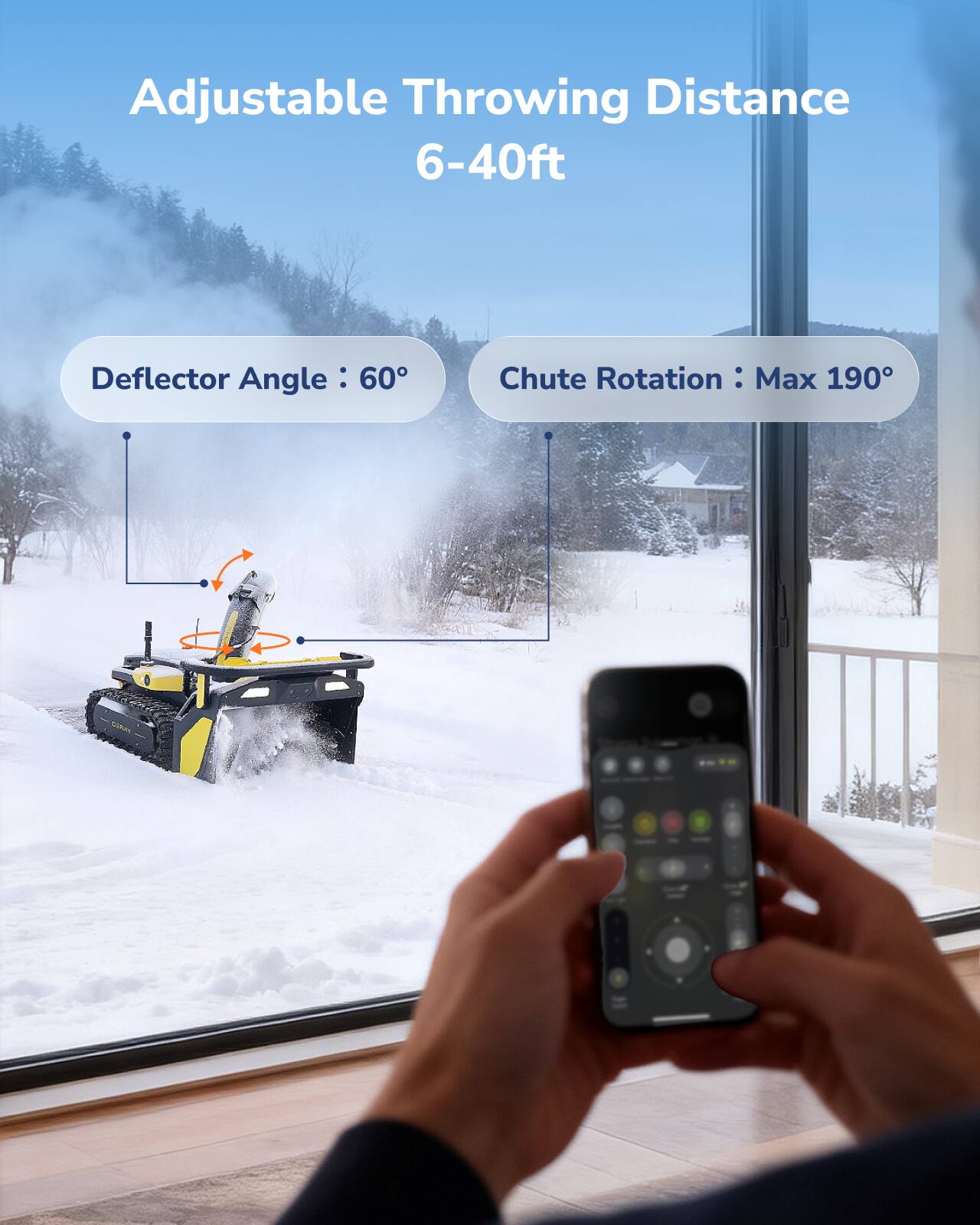 Adjustable Throwing Distance
6-40ft
Deflector Angle: 60°
Chute Rotation: Max 190°