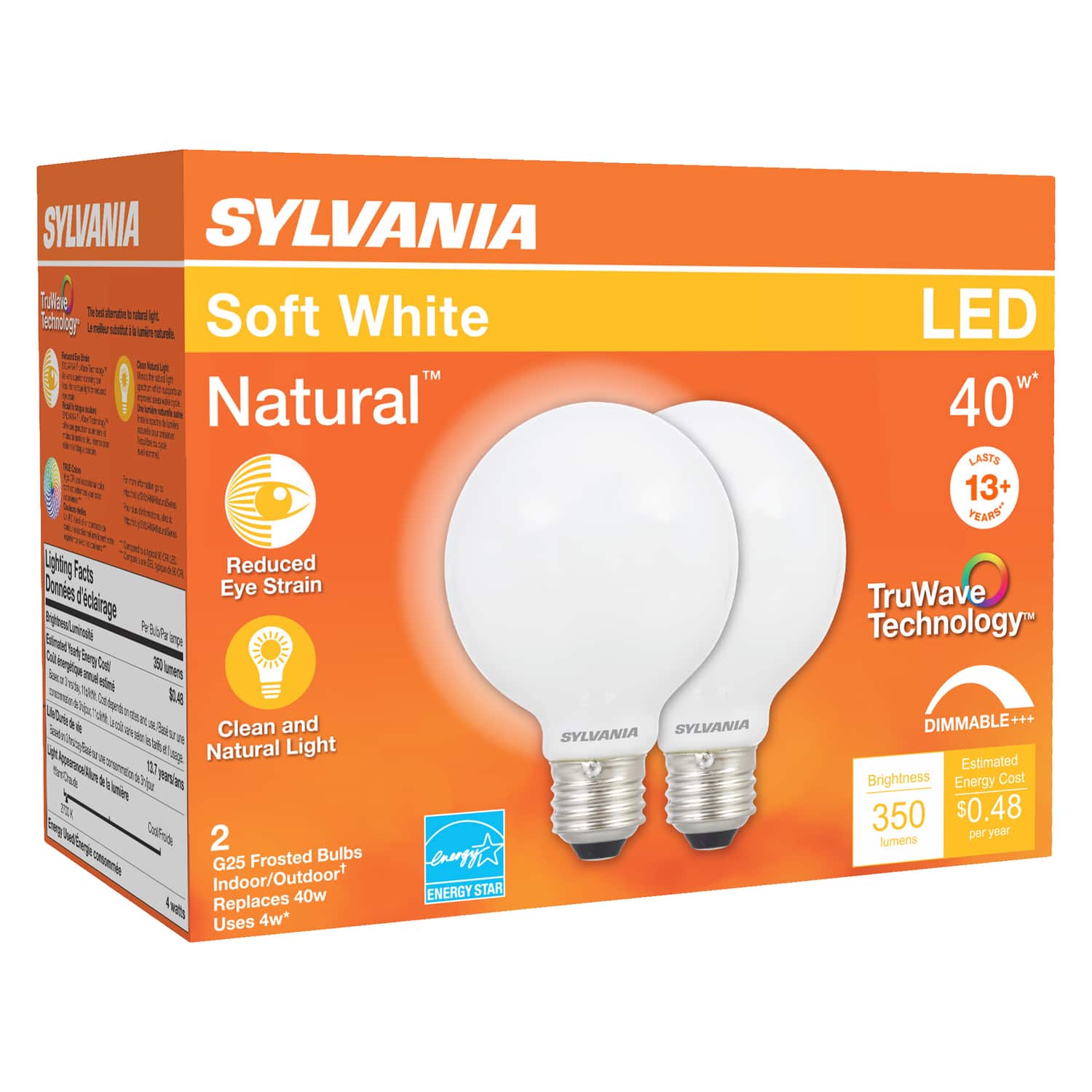 Sylvania - Natural G25 E26 (Medium) LED Bulb Soft White 40 Watt Equivalence 2 pk