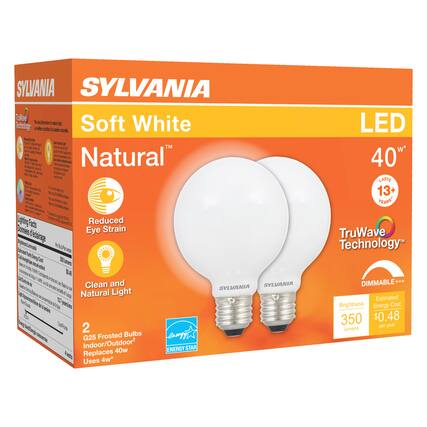 SYLVANIA
Soft White Natural™
LED
40W*
LASTS 13+ YEARS
Reduced Eye Strain
Clean and Natural Light
2 G25 Frosted Bulbs
Indoor/Outdoor*
Replaces 40W
Uses 4W*
TruWave Technology™
DIMMABLE+++
Brightness: 350 lumens
Estimated Energy Cost: $0.48 per year
ENERGY STAR
SYLVANIA
SYLVANIA
Lighting Facts
Dimensões de Calibragem
*Based on 3 hours/day
**Based on 3 hours/day
***Based on 3 hours/day