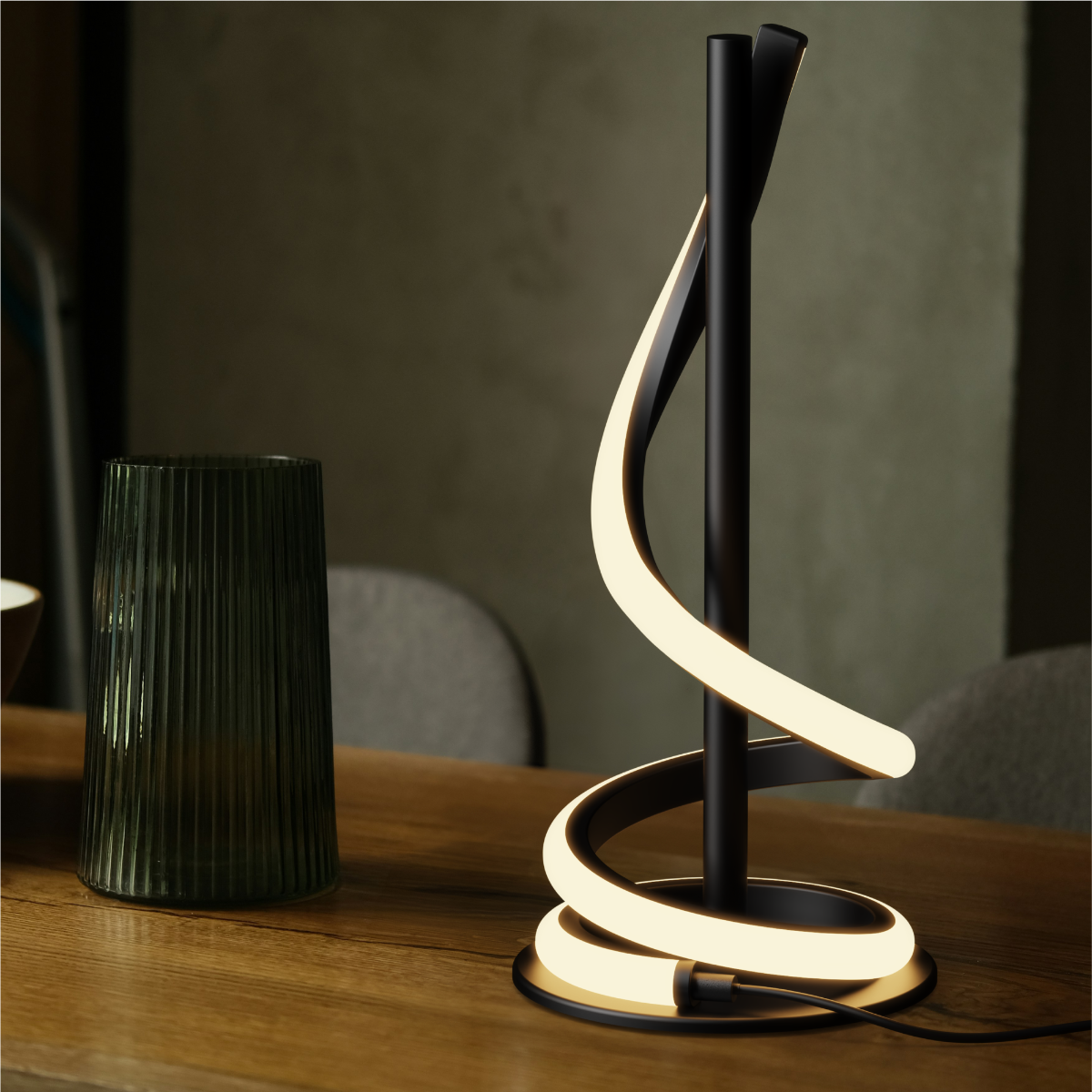 Alt View 1. Infibrite - Sculptural Curve 12W LED Table Lamp 16 Inch, 3000K Warm White, Touch Control, Matte Black - White.