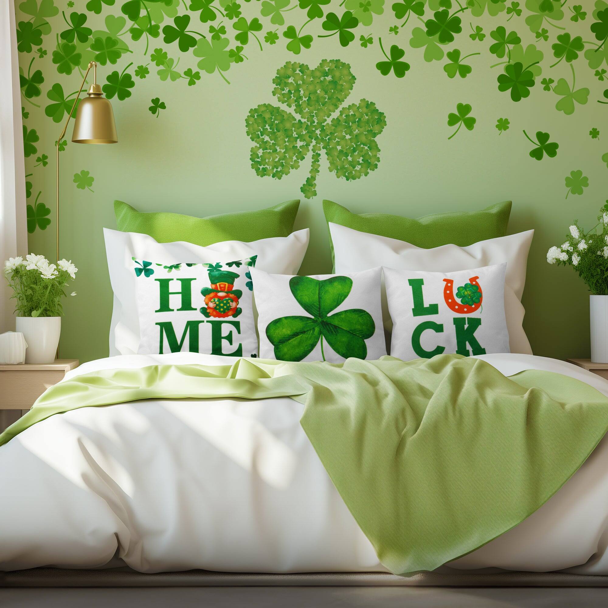Alt View 2. G128 - St Patrick's Day Gnome and Shamrock Waterproof Throw Pillow Set, 18 x 18 in, Set of 4 with Inserts - Assorted Colors.