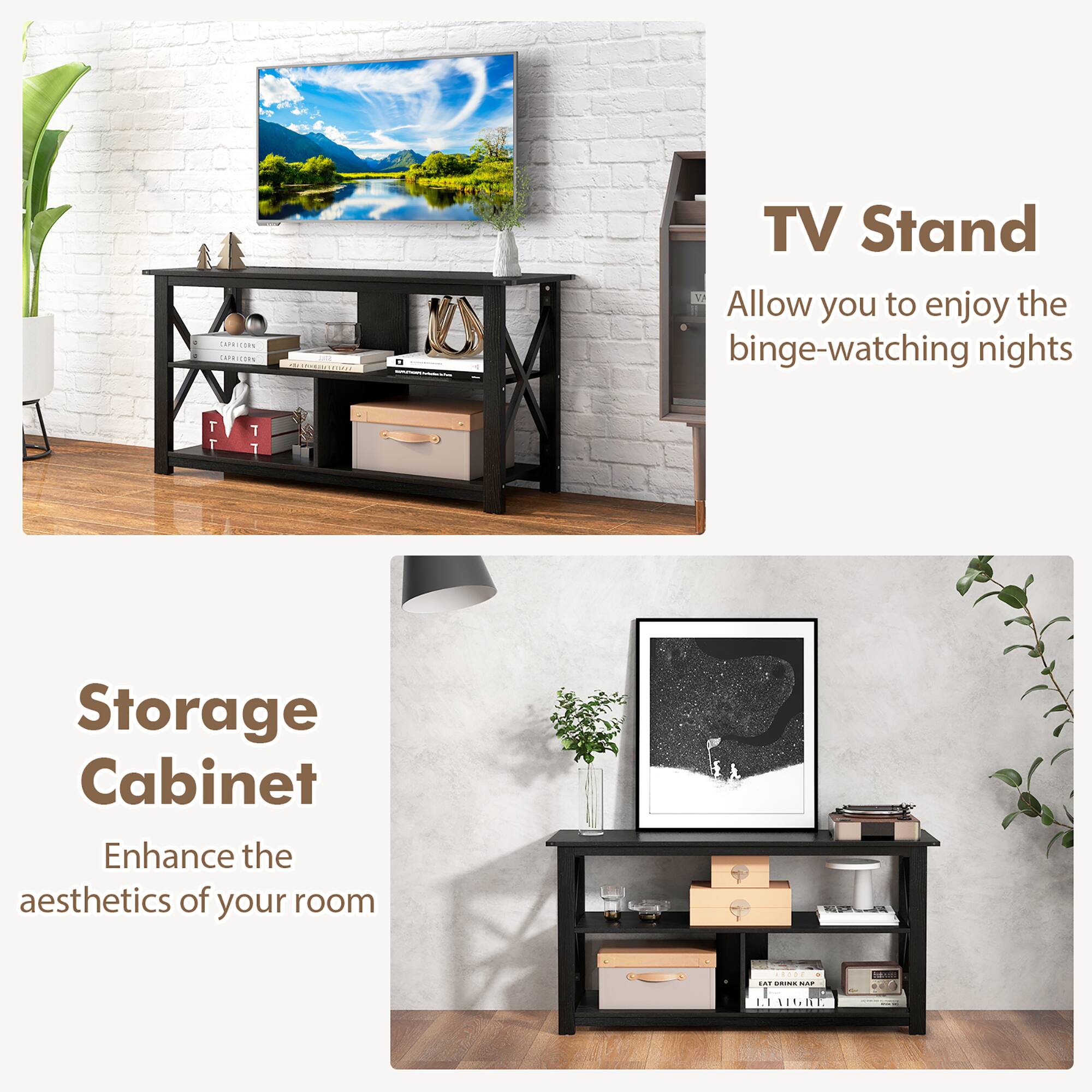 The text on the image is grouped and corrected as follows:

1. Storage Cabinet: Enhance the aesthetics of your room.
2. TV Stand: Allow you to enjoy the binge-watching nights.