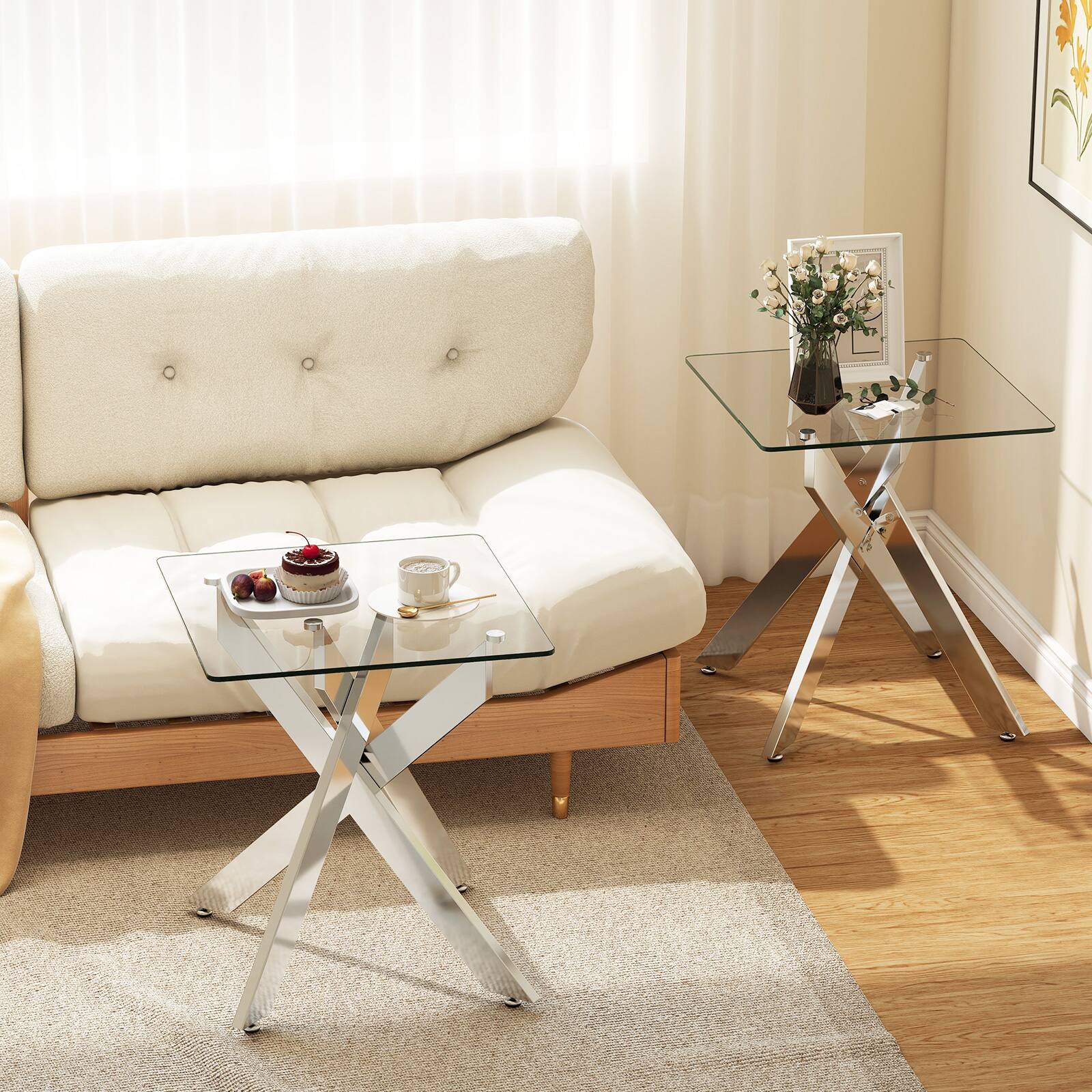 Alt View 4. Gymax - Gymax 2PCS Glass Side Table Square End Table w/Tempered Glass Top & Metal X Base - Silver.