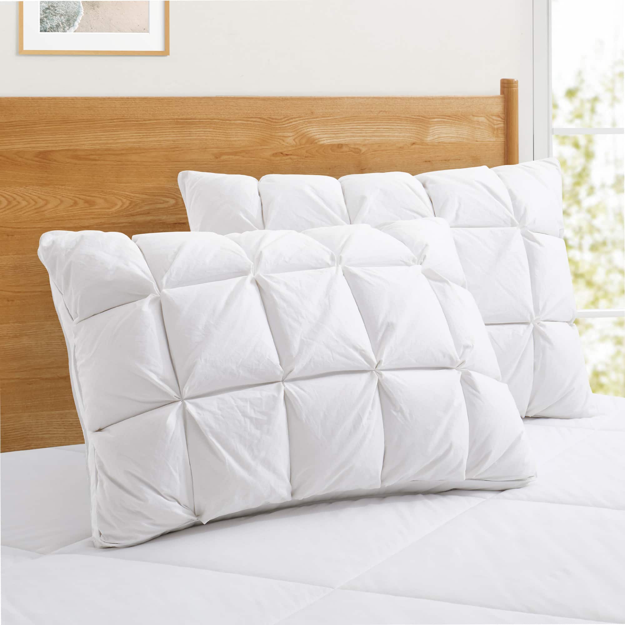 Puredown - 2 Pack Luxury Puffy Gusseted Down Bed Pillows with Pinch Pleat Design, King - White