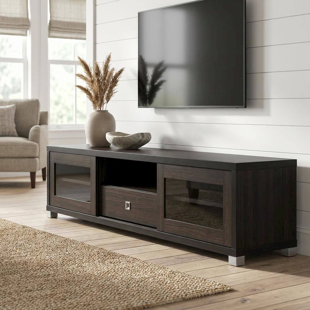 Alt View 1. FurniFact - Contemporary Dark Brown TV Cabinet with Sliding Doors and Drawer - Brown.