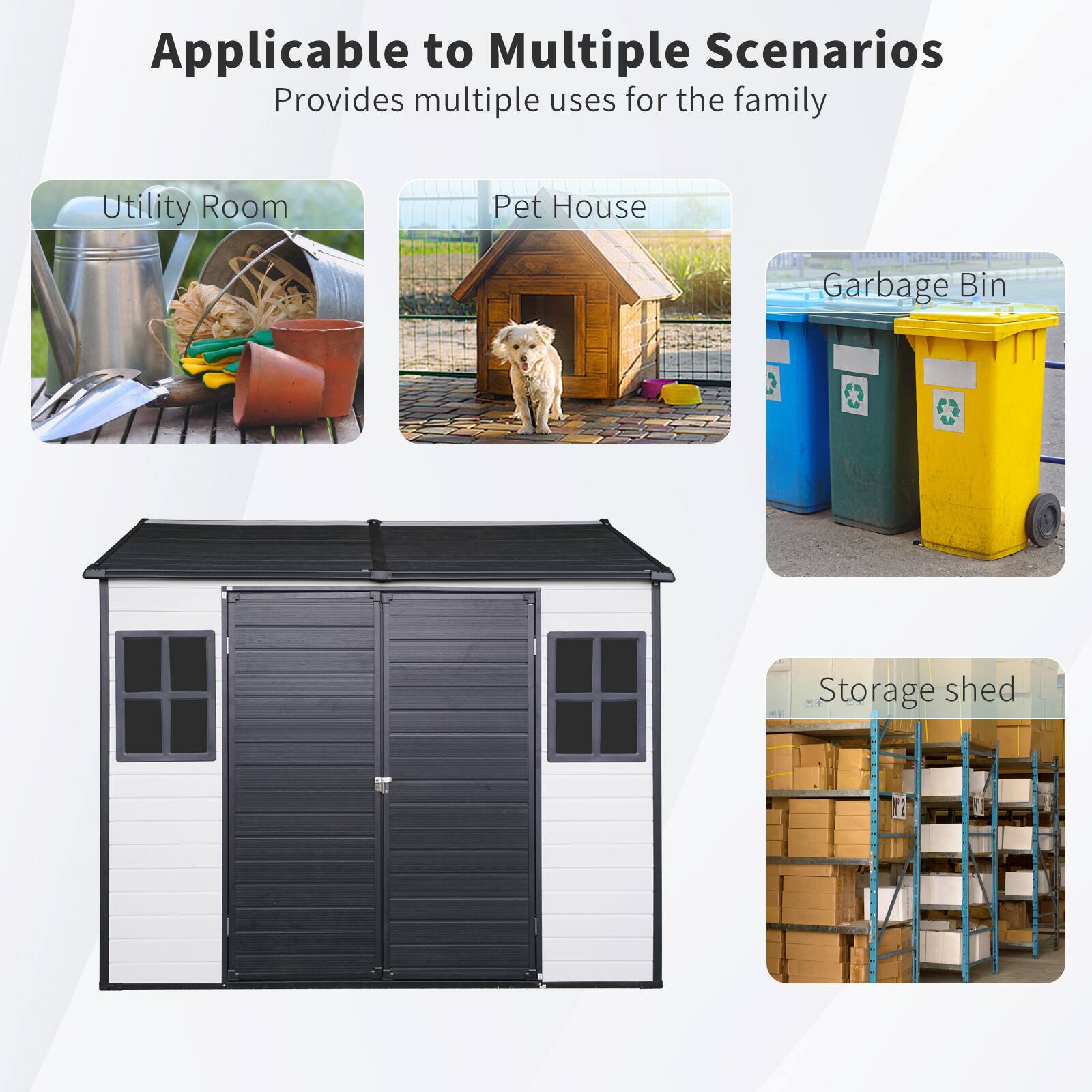 Applicable to Multiple Scenarios  
Provides multiple uses for the family  

- Utility Room  
- Pet House  
- Garbage Bin  
- Storage shed