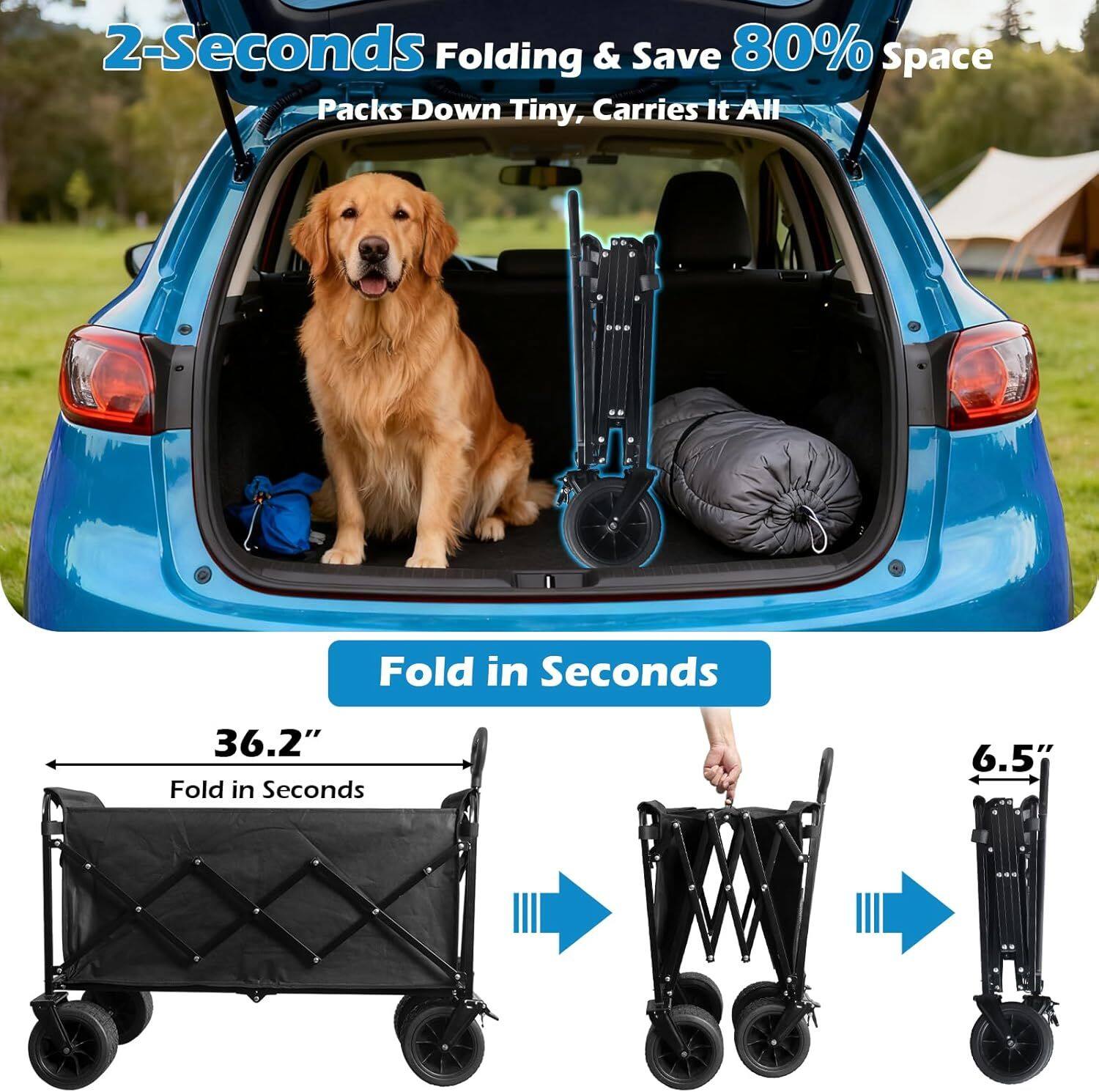 2-Seconds Folding & Save 80% Space  
Packs Down Tiny, Carries It All  

Fold in Seconds  

36.2"  
Fold in Seconds  

6.5"