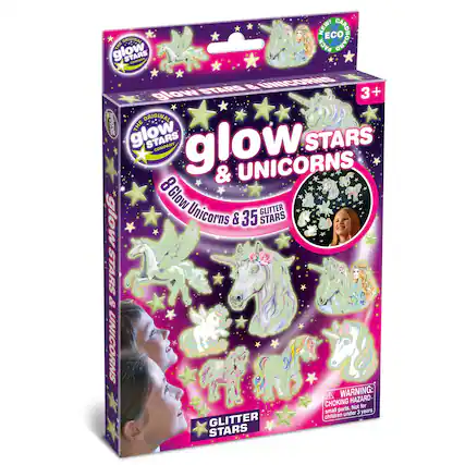 NEW! ECO CARDS ORIGINAL BOARD glow wS PACK CAPANT STARS B UNICORIS glow 3+ ORIGINAL glow THE STARS COMPANY glow STARS & UNICORNS 8Glow GLITTER glow Unicorns & 35 STARS STARS & UNICORNS WARNING: CHOKING HAZARD- Not for small parts. 3 years children under GLITTER STARS