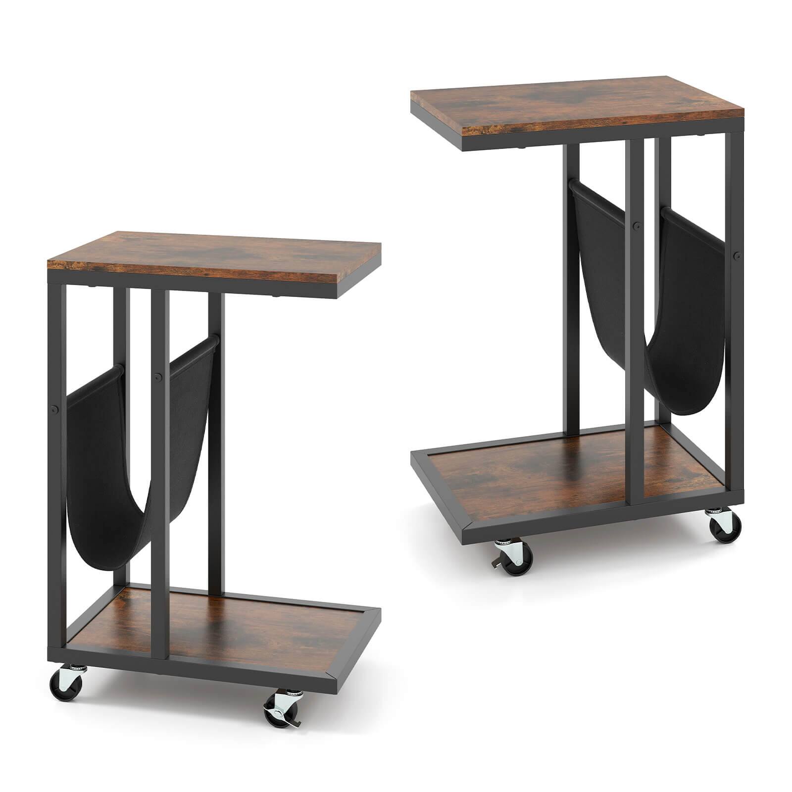 Angle. Costway - Costway 2 PCS C-shaped Side Table 2-tier Sofa Couch Table with Canvas Storage Pouch Brown - Rustic Brown,Black.