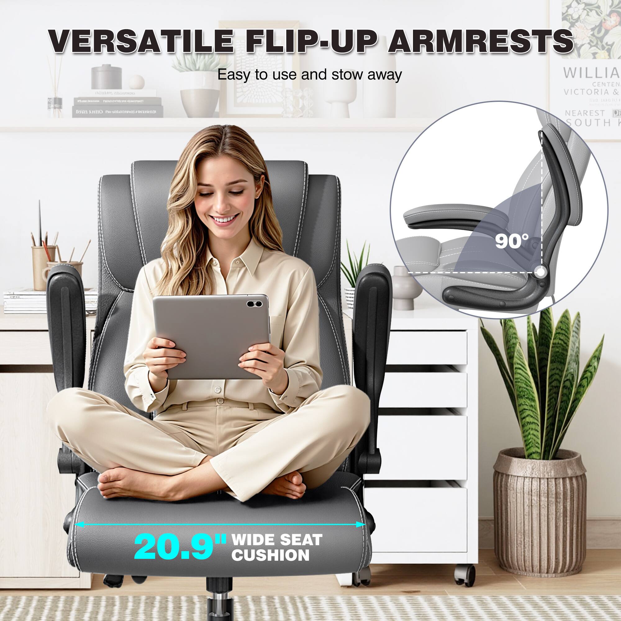 KERDOM - Ergonomic Office Chair - Desk Computer Chair, PU Leather High Back Executive Chair, Inflatable Lumbar Support, Wide Seat - Gray - Thumbnail 4