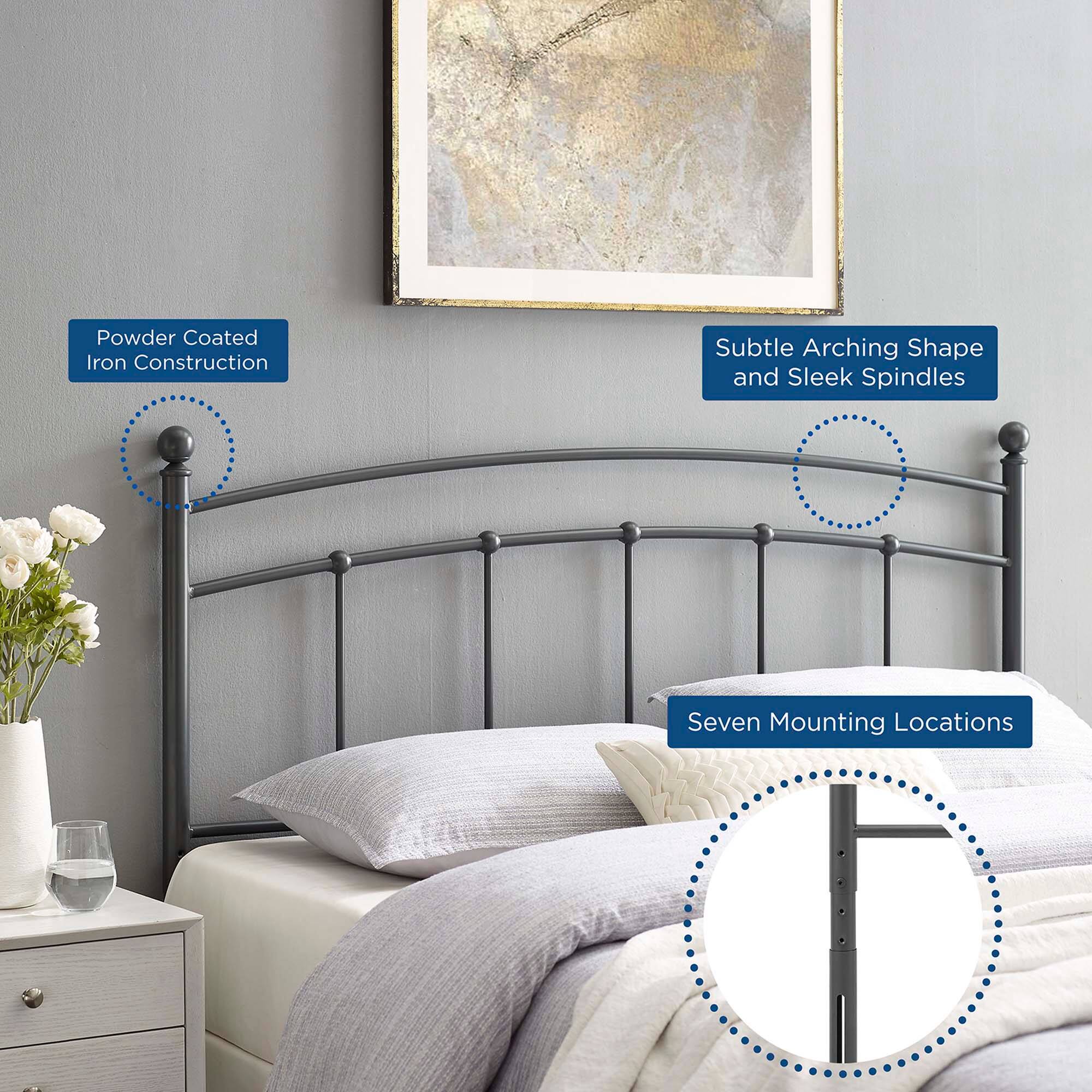 - Powder Coated Iron Construction
- Subtle Arching Shape and Sleek Spindles
- Seven Mounting Locations
