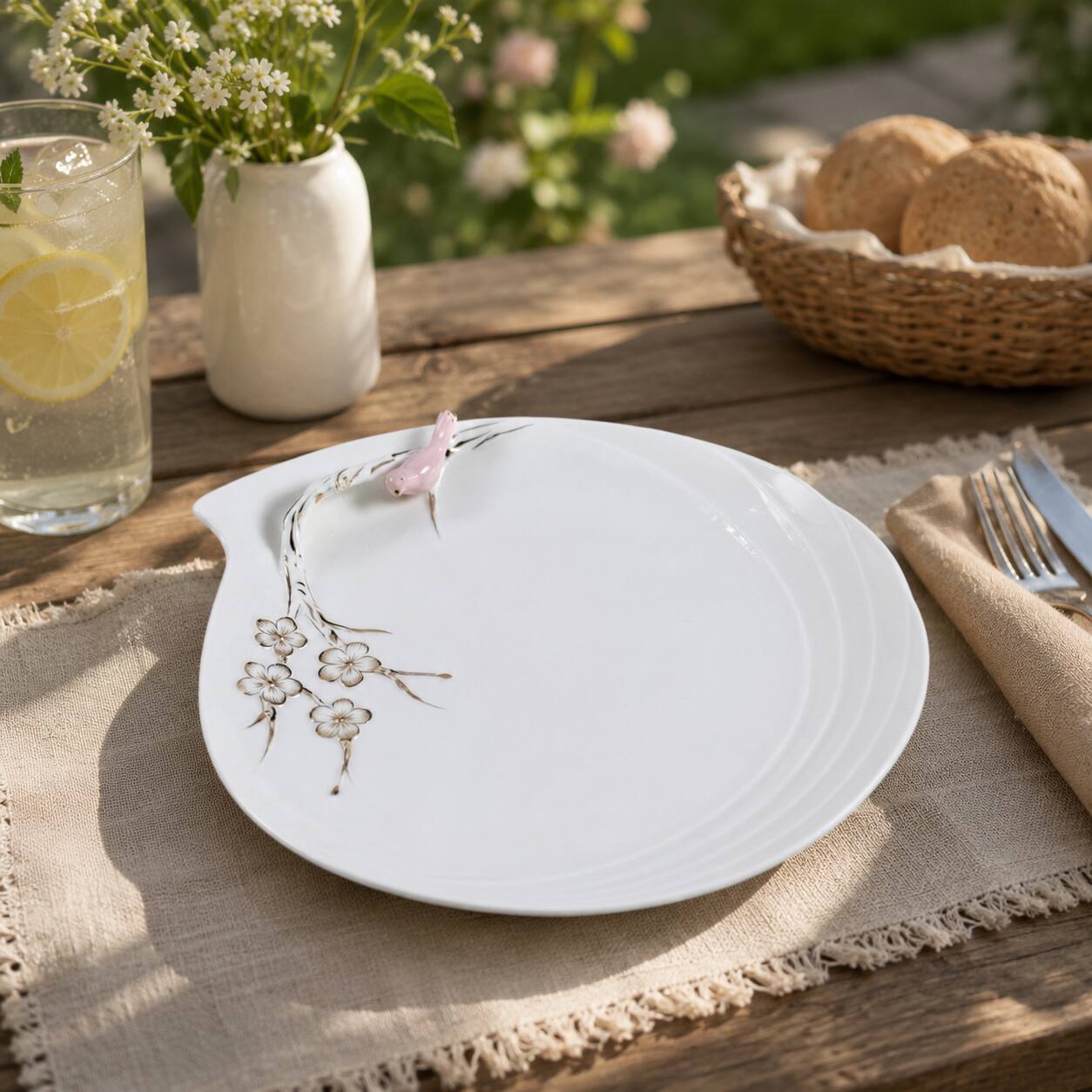 Left. Jiallo - 9.5" Ceramic Plate with Pink Bird and Gold Flowers - Pink.