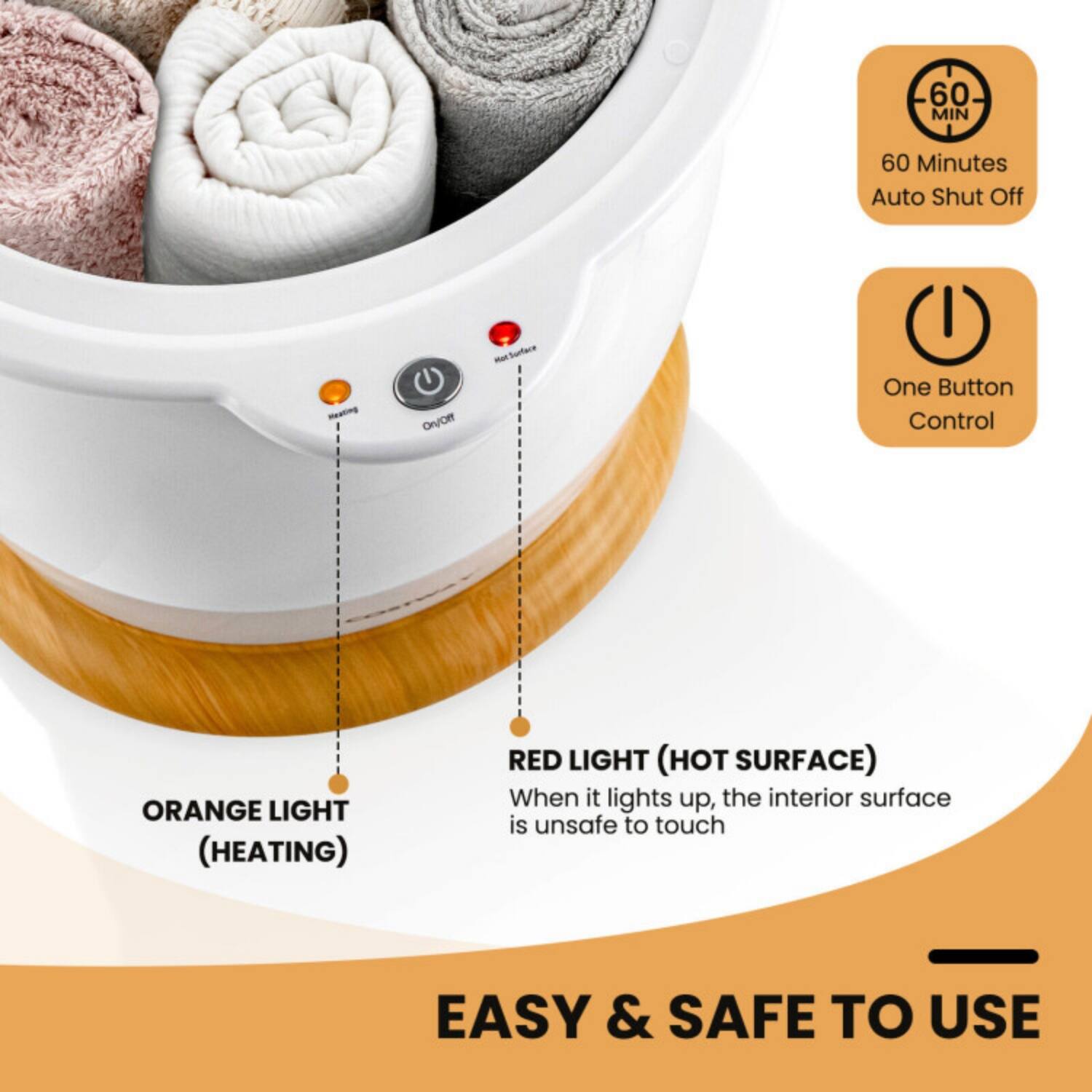 60 MIN  
60 Minutes Auto Shut Off  
Heating ROVIO - Surface  
One Button Control  
ORANGE LIGHT (HEATING)  
RED LIGHT (HOT SURFACE)  
When it lights up, the interior surface is unsafe to touch  
EASY & SAFE TO USE
