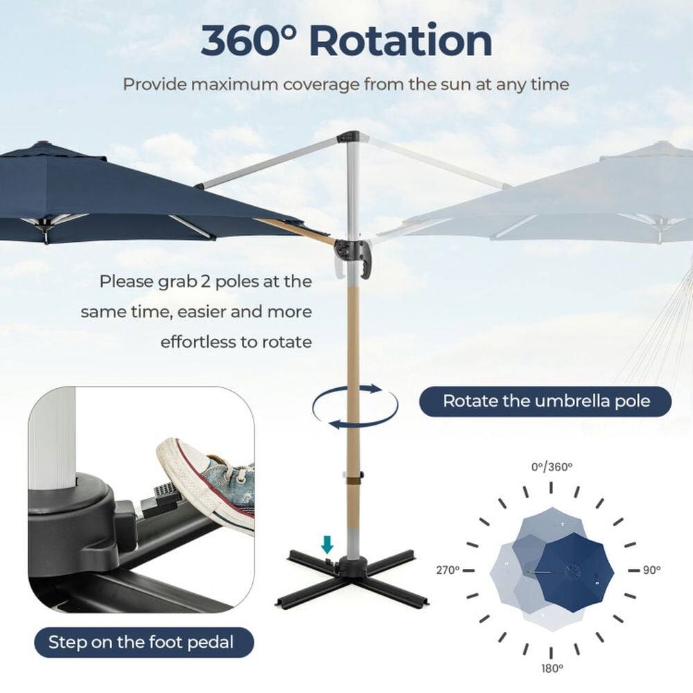 360° Rotation  
Provide maximum coverage from the sun at any time  

Please grab 2 poles at the same time, easier and more effortless to rotate  

Rotate the umbrella pole  

Step on the foot pedal  

0°/360°  
270°  
90°  
180°