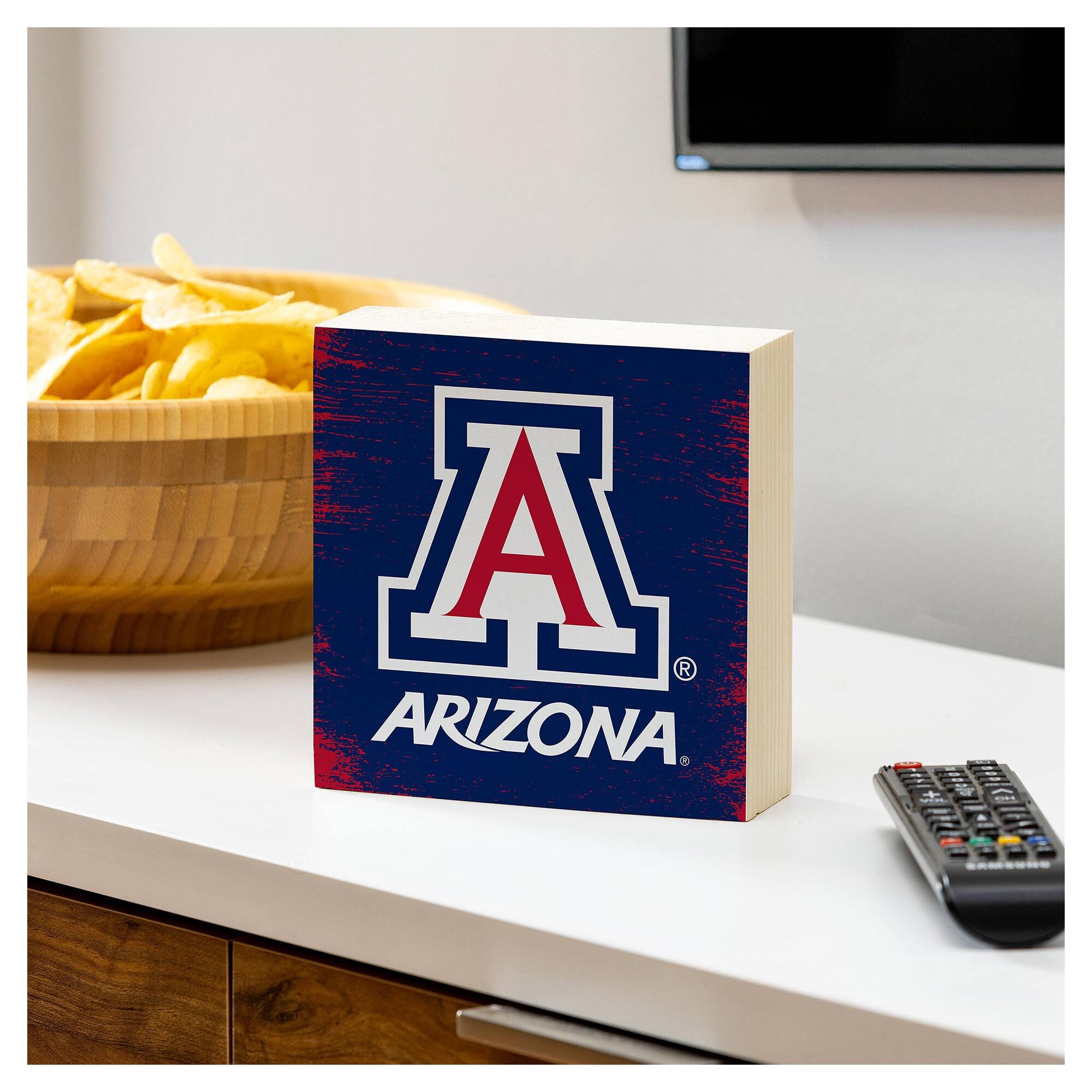 Alt View 2. Evergreen Enterprises - Arizona Wildcats 6" Square Fan Chant Wood Block Shelf Sign - Multicolor.