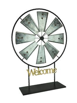 Direct International - and Silver Metal Spinning Windmill Welcome Sign Sculpture - Black