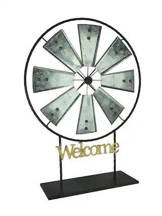Front. Direct International - Black and Silver Metal Spinning Windmill Welcome Sign Sculpture - Black.