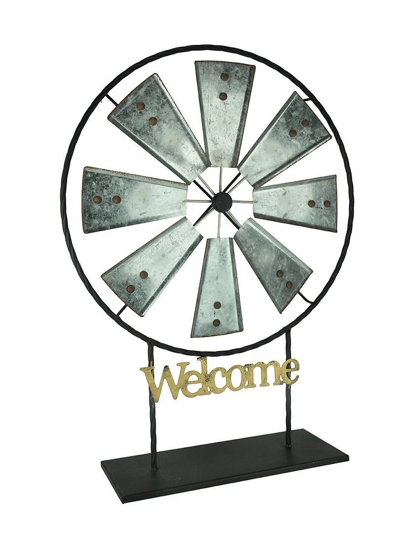 Front. Direct International - Black and Silver Metal Spinning Windmill Welcome Sign Sculpture - Black.
