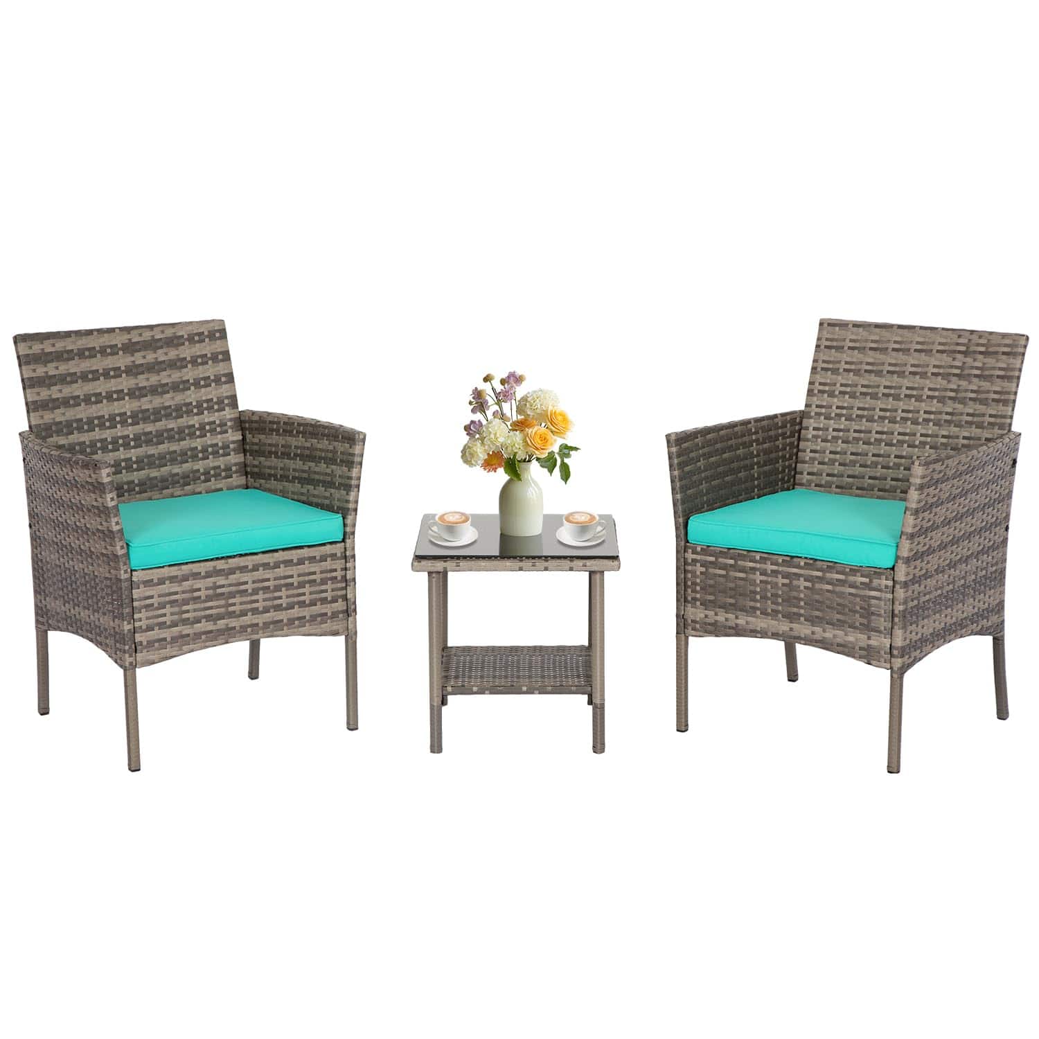 Fabibe - Wicker Outdoor Furniture Patio Furniture Set of 3 Rattan Patio Chairs Outdoor Chairs Patio Conversation Set with - Gray and Blue 3 Pieces