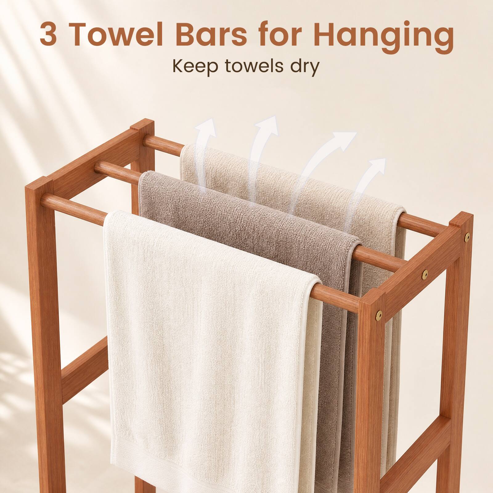 3 Towel Bars for Hanging  
Keep towels dry