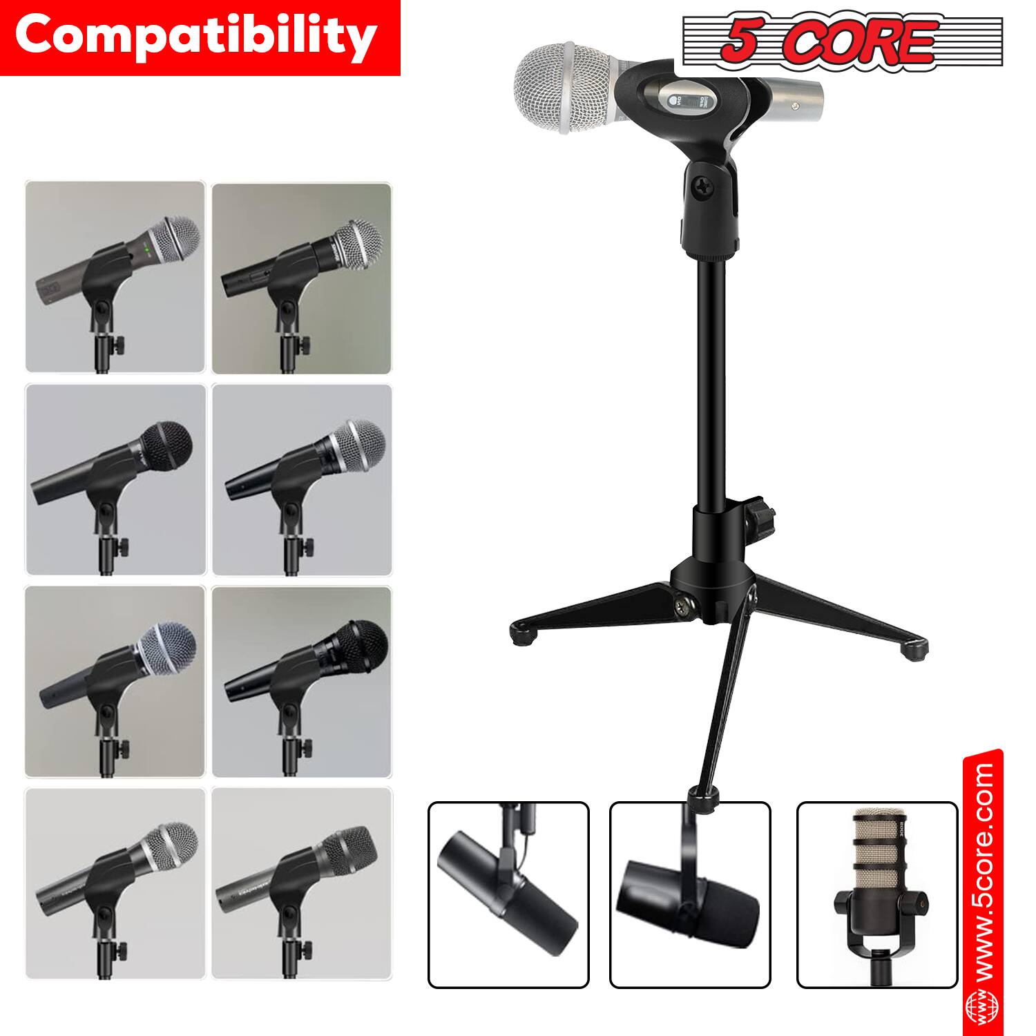 Alt View 4. 5 CORE - 5 Core Desk Mic Stand Height Adjustable Desktop Microphone Stands Metal Tripod Portable Foldable - Black.