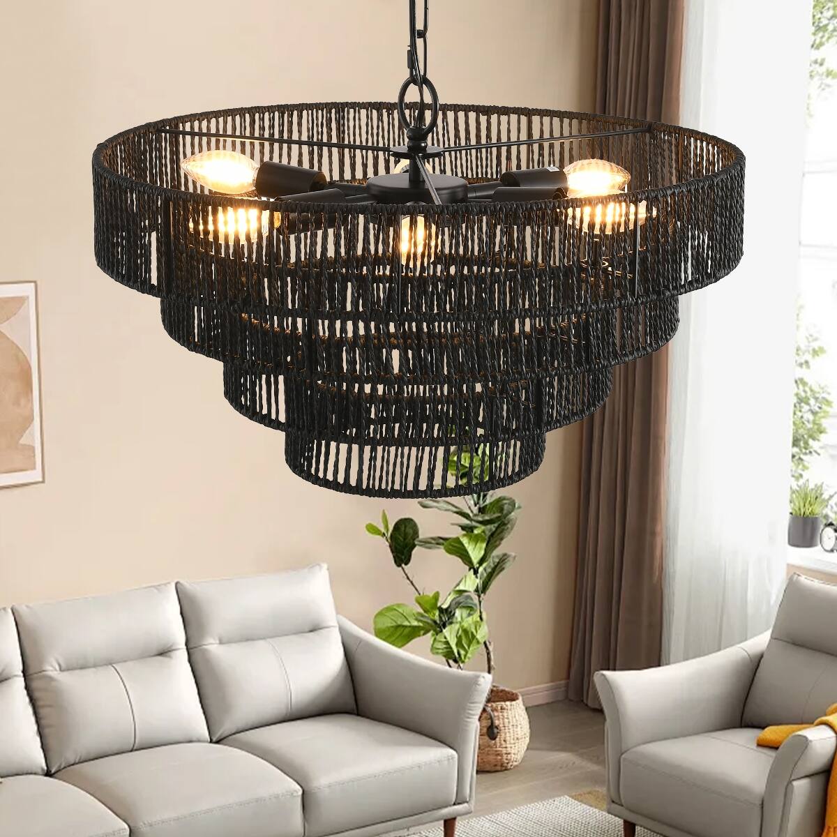 Back. Loheer - Loheer Rustic Rope Pendant Light Four Tier Black Chandelier with Six E12 Sockets for Dining Room.