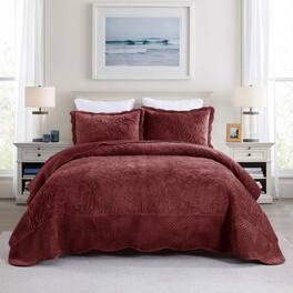 MarCielo - 3Pc Luxury Velvet Oversized Embroidery Soft and Plush Quilt Set - Burgundy