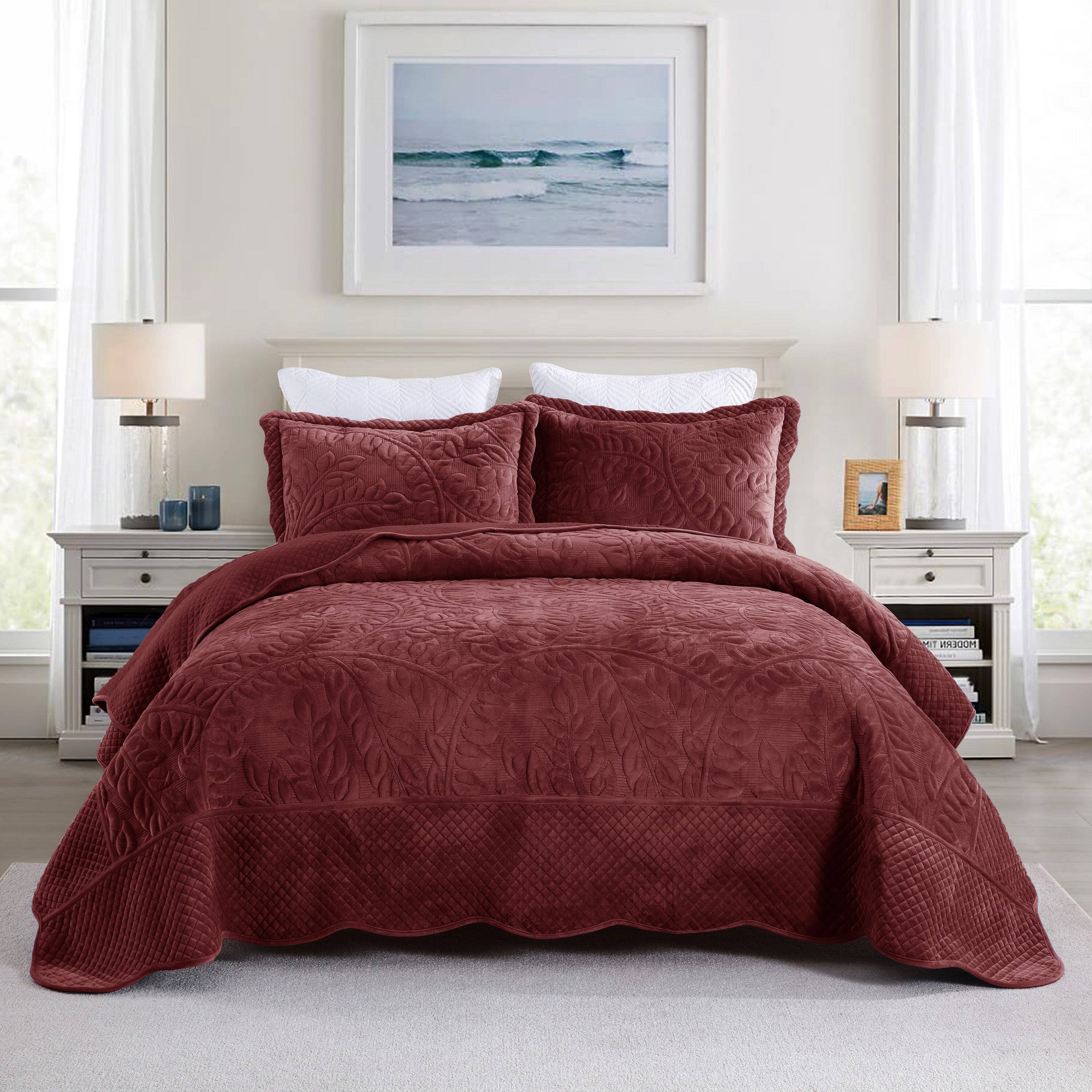 Front. MarCielo - Marcielo 3Pc Luxury Velvet Oversized Embroidery Soft and Plush Quilt Set - Burgundy.