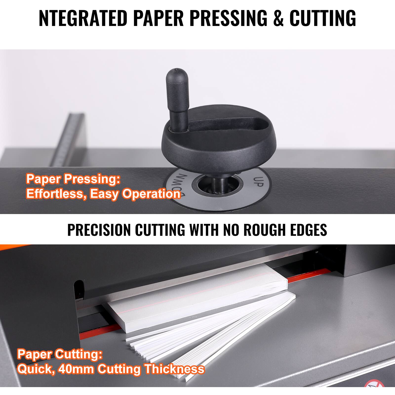 NTEGRATED PAPER PRESSING & CUTTING

Paper Pressing: Effortless, Easy Operation

PRECISION CUTTING WITH NO ROUGH EDGES

Paper Cutting: Quick, 40mm Cutting Thickness