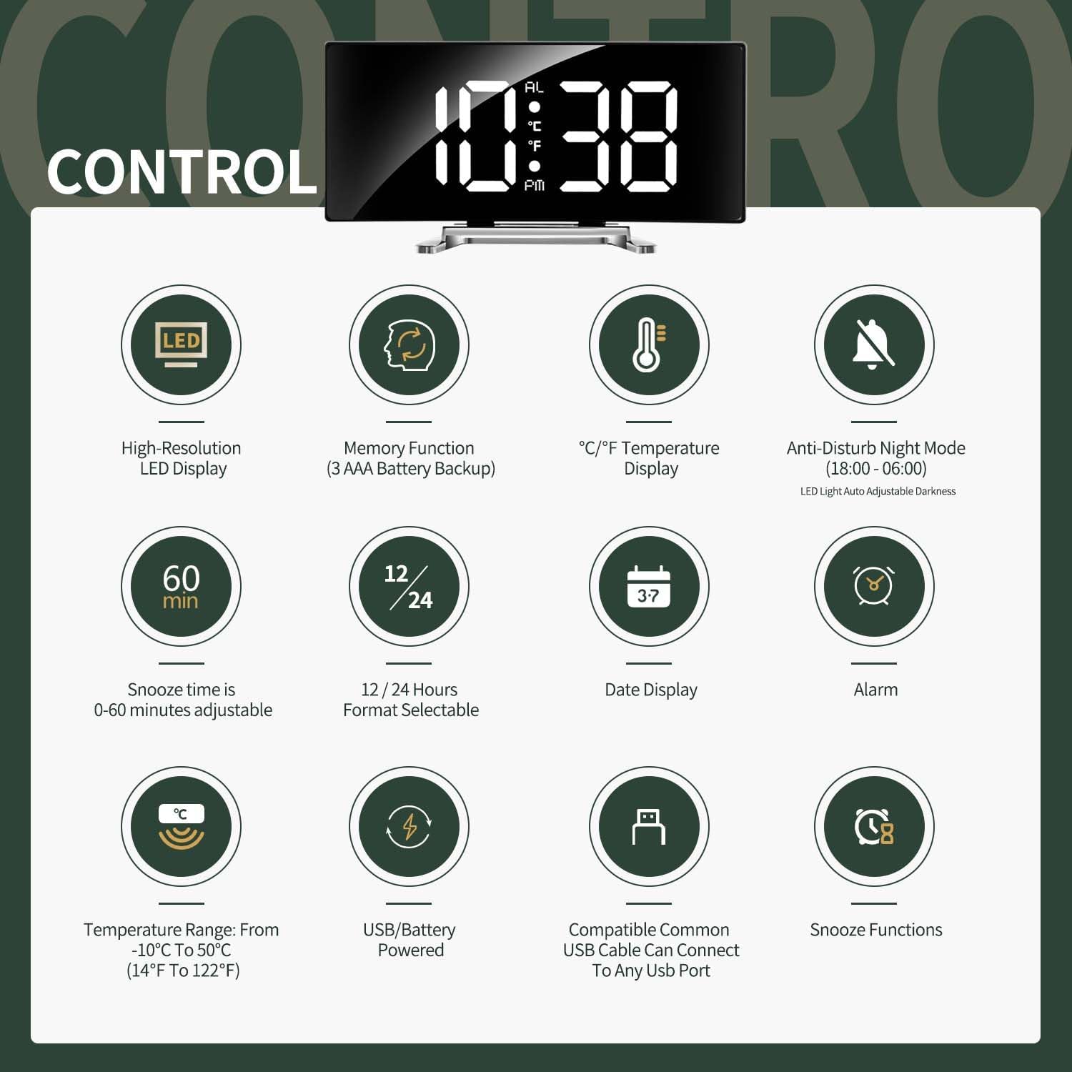 AL CRO CONTROL

- High-Resolution LED Display
- Memory Function (3 AAA Battery Backup)
- °C/°F Temperature Display
- Anti-Disturb Night Mode (18:00-06:00) LED Light Auto Adjustable Darkness
- Snooze time is 0-60 minutes adjustable
- 12/24 Hours Format Selectable
- Date Display
- Alarm
- Temperature Range: From -10°C To 50°C (14°F To 122°F)
- USB/Battery Powered
- Compatible Common USB Cable Can Connect To Any USB Port
- Snooze Functions