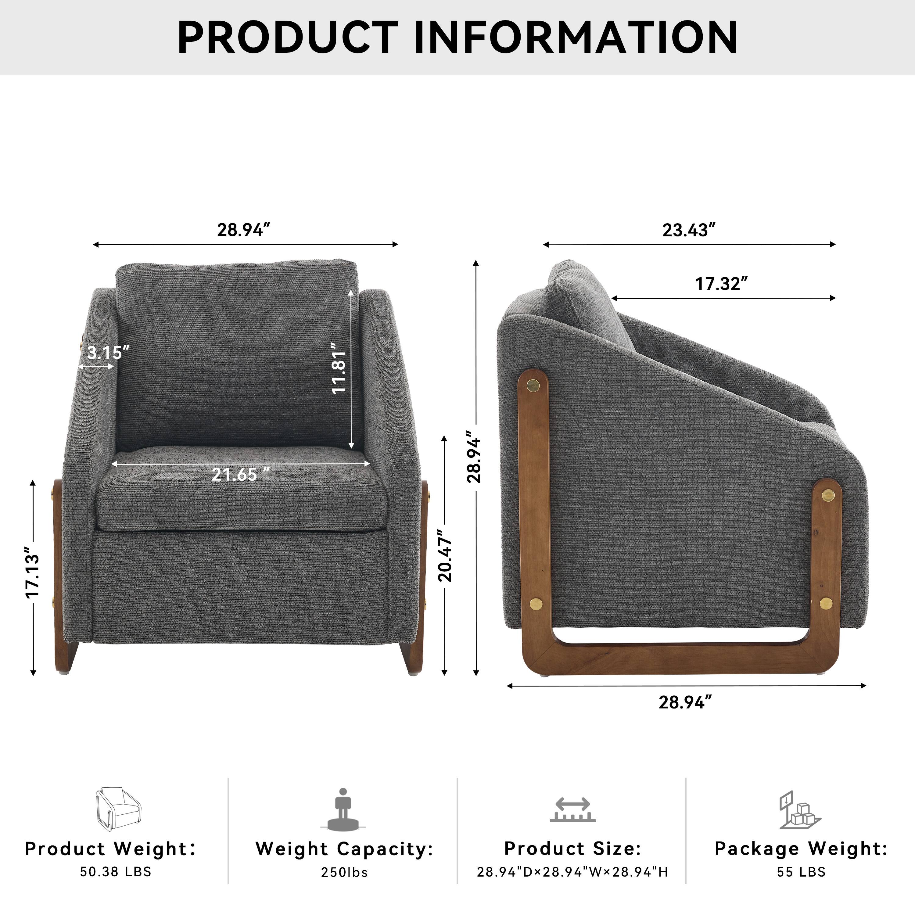 **PRODUCT INFORMATION**

- **Product Weight:** 50.38 LBS
- **Weight Capacity:** 250 lbs
- **Product Size:** 28.94"D x 28.94"W x 28.94"H
- **Package Weight:** 55 LBS

**Dimensions:**

- **Left Side:**
  - Width: 28.94"
  - Depth: 28.94"
  - Height: 28.94"
  - Armrest Height: 11.81"
  - Armrest Width: 3.15"
  - Seat Height: 21.65"
  - Seat Depth: 20.47"
  - Back Height: 17.13"

- **Right Side:**
  - Width: 28.94"
  - Depth: 28.94"
  - Height: 28.94"
  - Armrest Height: 23.43"
  - Armrest Width: 17.32"