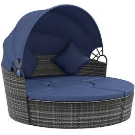 Outsunny - 4-Piece Round Convertible Daybed with Cushions, Outdoor PE Rattan Patio Wicker Sofa Set - Dark Blue