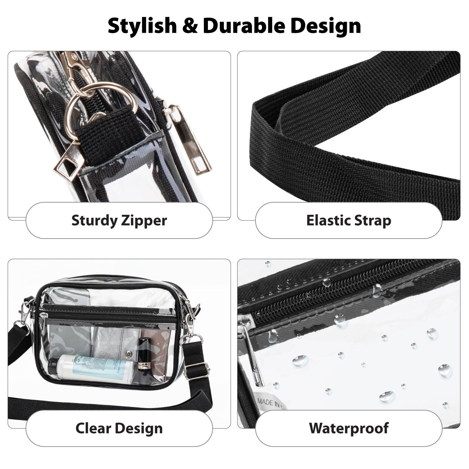 Stylish & Durable Design

- Sturdy Zipper
- Elastic Strap
- Clear Design
- Waterproof