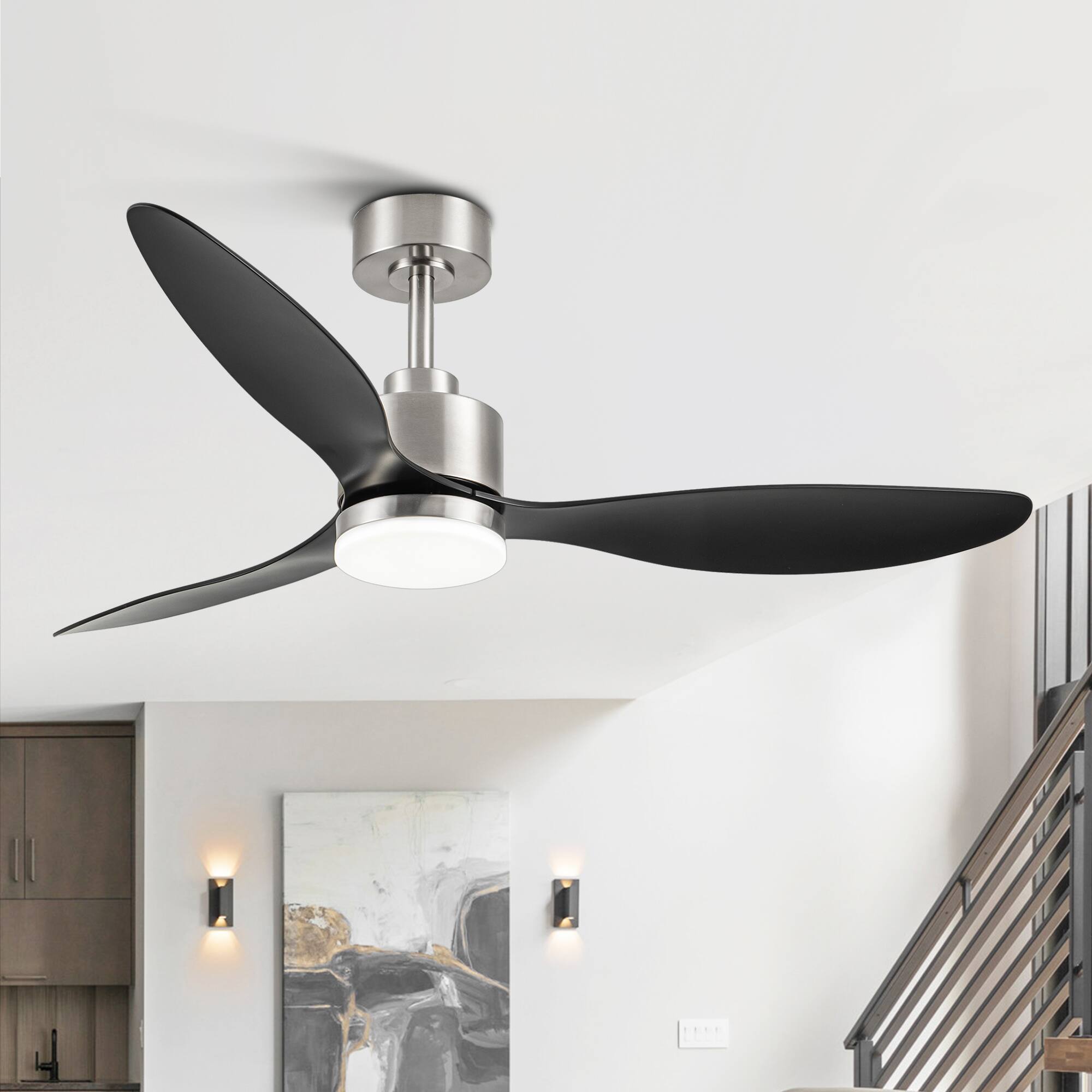 Front. Breezary - 52" Indoor Ceiling Fan, 3 ABS Blades, 6-Speed DC Motor, Remote Control, Memory/Timer, 3-Color LED Light, 5"/10" Downrods - Satin Nickel and Black.