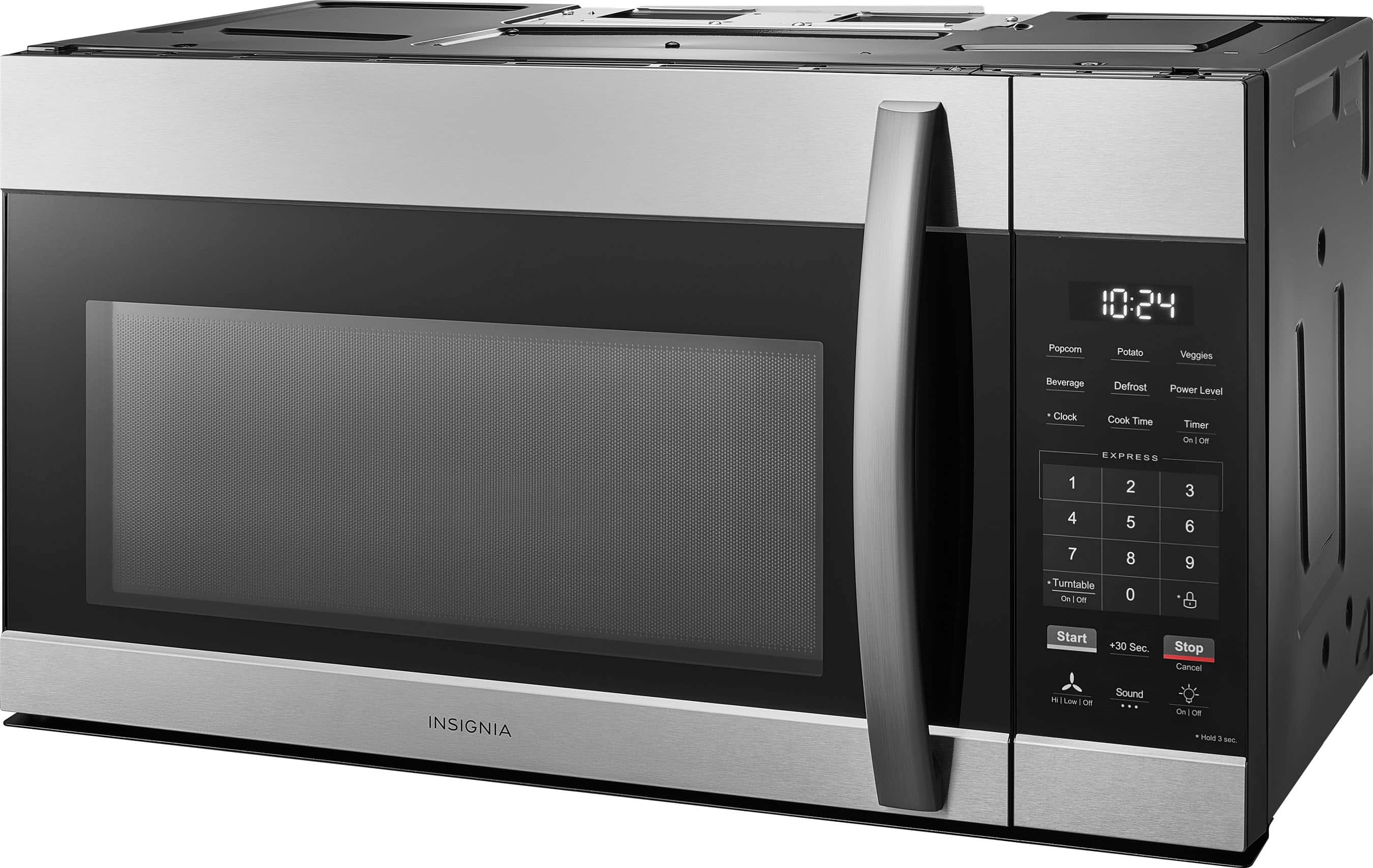 10:24
Popcorn Potato Veggies Beverage Defrost Power Level Clock Cook Time EXPRESS Timer 01 ON 1 2 3 4 5 6 7 Turntable On on 8 0 9 Start +30 Sec. Stop Cancel INSIGNIA H Low on Sound On OF Hold 3 -