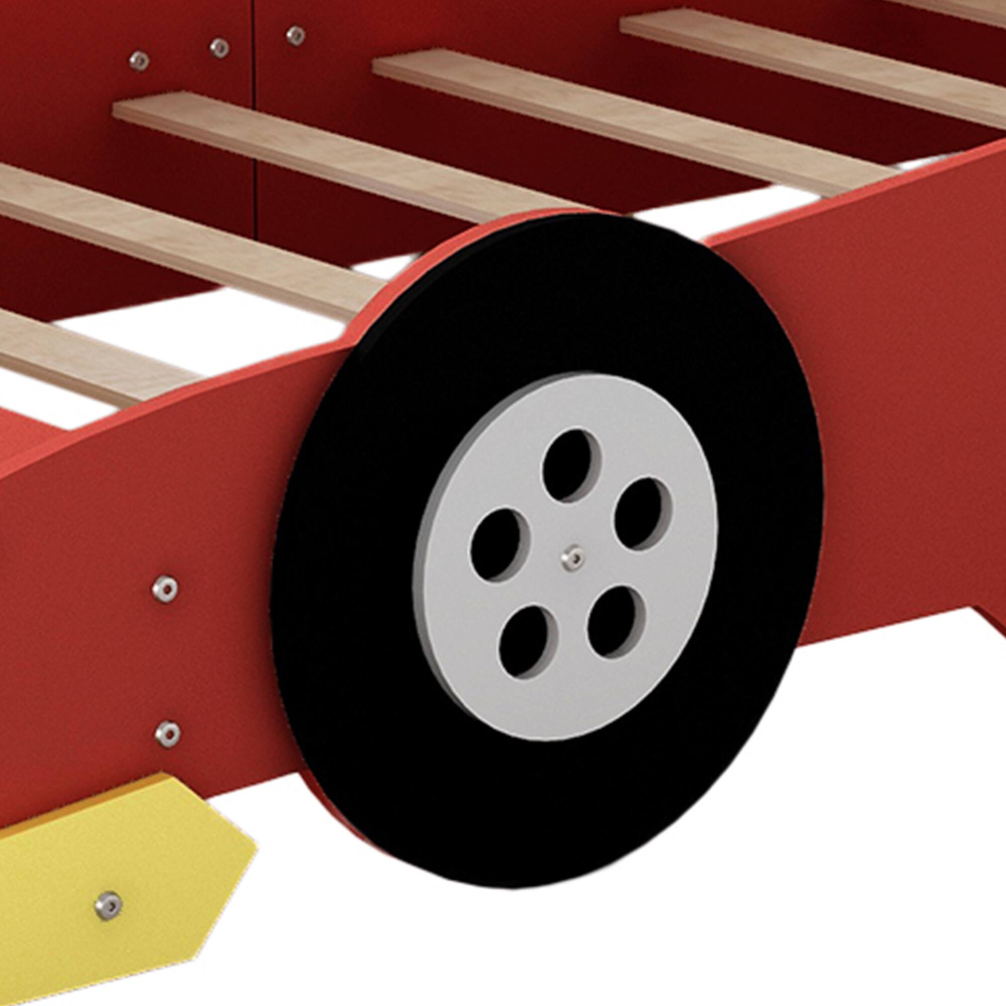 Alt View 6. GOODSILO - Twin Size Youth Race Car Themed Platform Bed with Side Rails and Decorative Wheels - Red.
