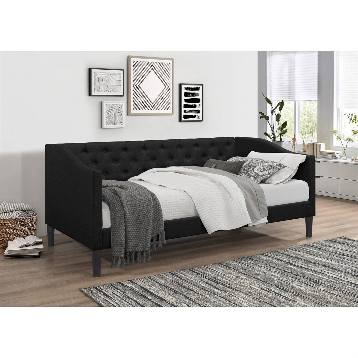 Left. Hivvago - Hivvago Twin size Modern Fabric Upholstered Button-Tufted Daybed - Black.
