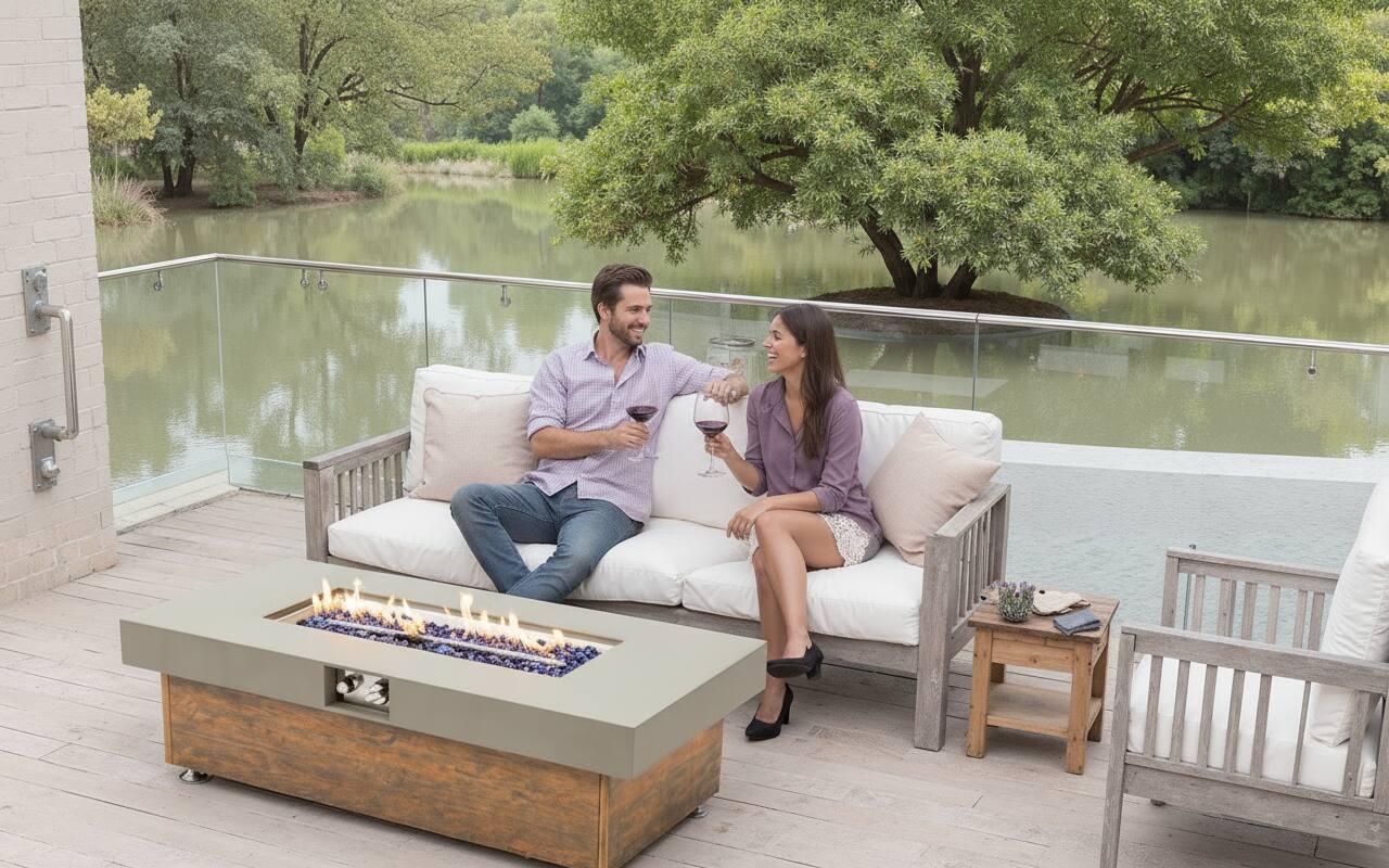 Left. PexFix - 48" Propane Fire Pit Table, 50,000 BTU Outdoor Heater with Wood Grain Finish & Cover for Patio - Brown.