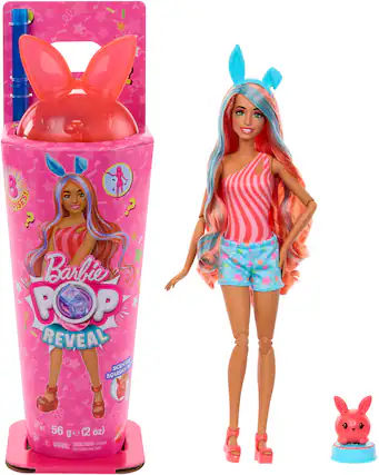 The text on the image reads: "Barbie Pop Reveal Scented Squishy Net Compact (2 oz) with 3609 3+ Warning: Choking Hazard Small Parts Not for Children Under 3 Years."