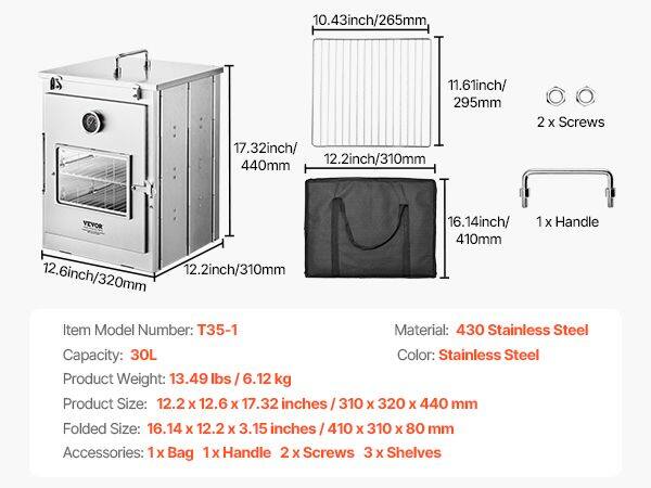 10.43 inch / 265 mm  
11.61 inch / 295 mm  
17.32 inch / 440 mm  
12.2 inch / 310 mm  
12.6 inch / 320 mm  
16.14 inch / 410 mm  

Item Model Number: T35-1  
Material: 430 Stainless Steel  
Capacity: 30L  
Color: Stainless Steel  
Product Weight: 13.49 lbs / 6.12 kg  
Product Size: 12.2 x 12.6 x 17.32 inches / 310 x 320 x 440 mm  
Folded Size: 16.14 x 12.2 x 3.15 inches / 410 x 310 x 80 mm  
Accessories: 1 x Bag, 1 x Handle, 2 x Screws, 3 x Shelves